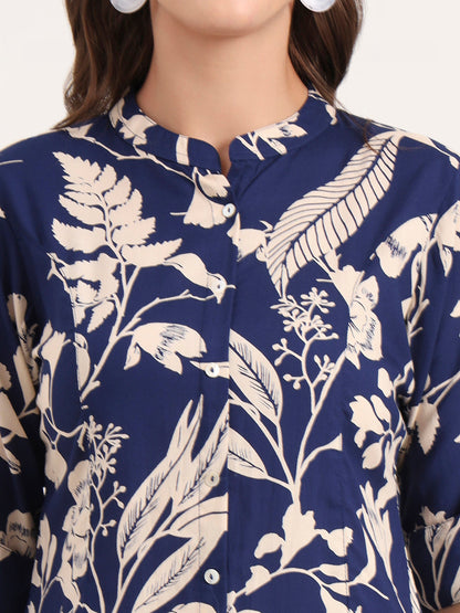 Blue Rayon Rollup Sleeves A-Line Top
