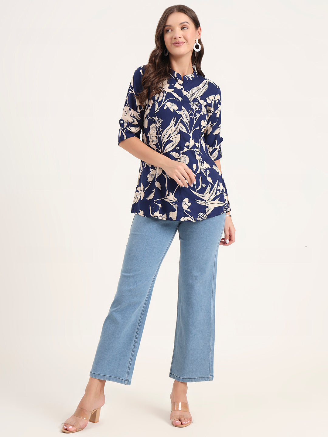 Blue Rayon Rollup Sleeves A-Line Top