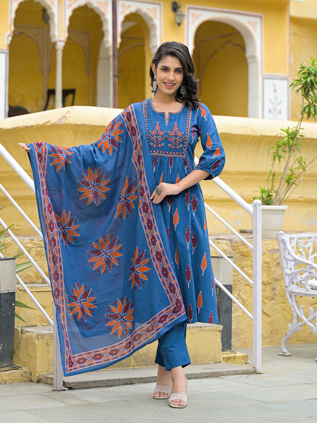Navy Blue Cotton Embroidery Kurta Pant Set with Dupatta