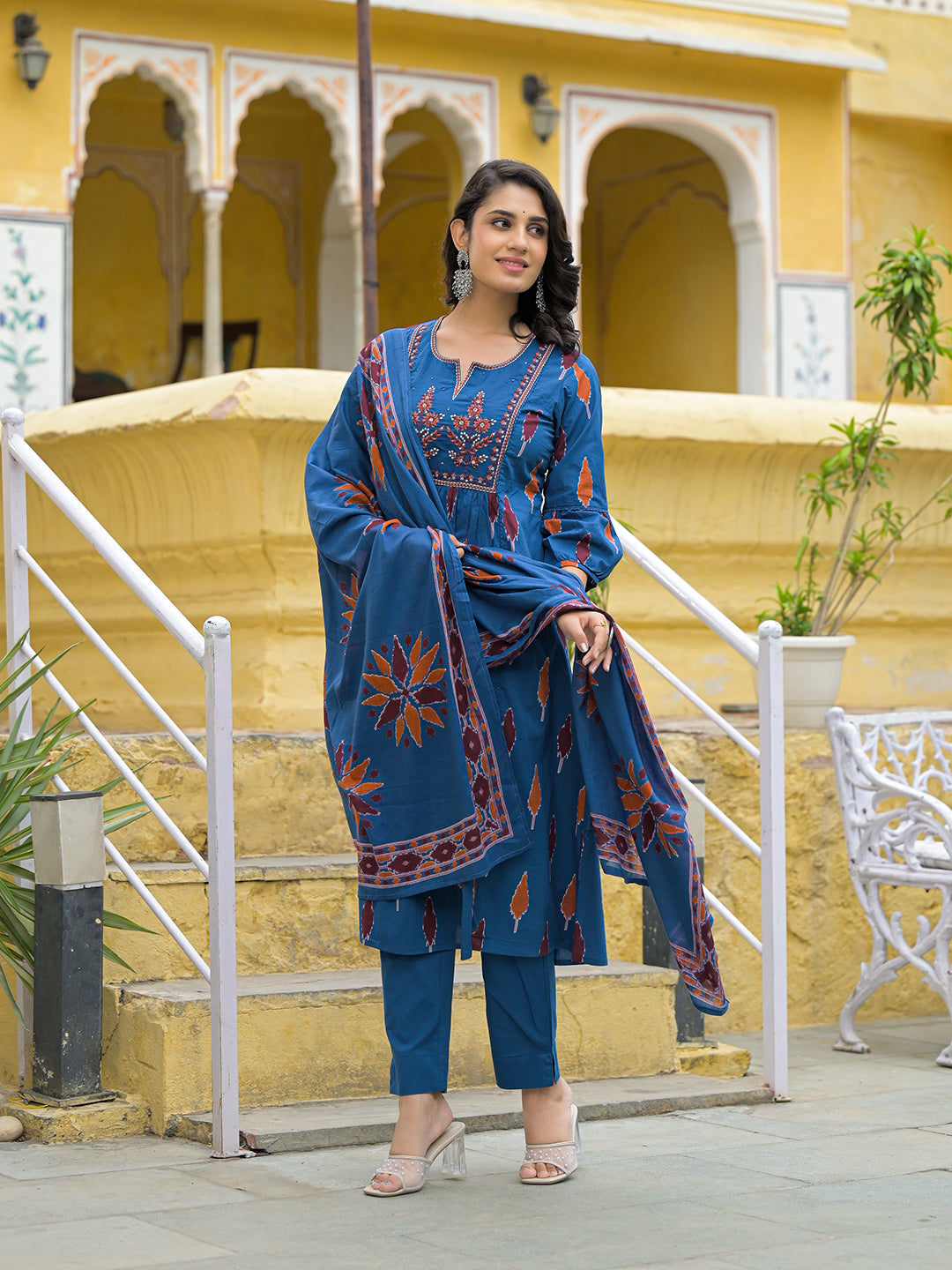 Navy Blue Cotton Embroidery Kurta Pant Set with Dupatta