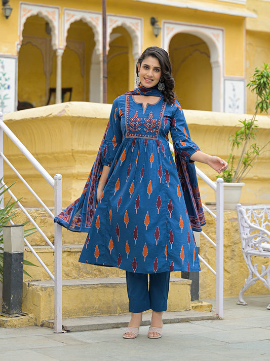 Navy Blue Cotton Embroidery Kurta Pant Set with Dupatta