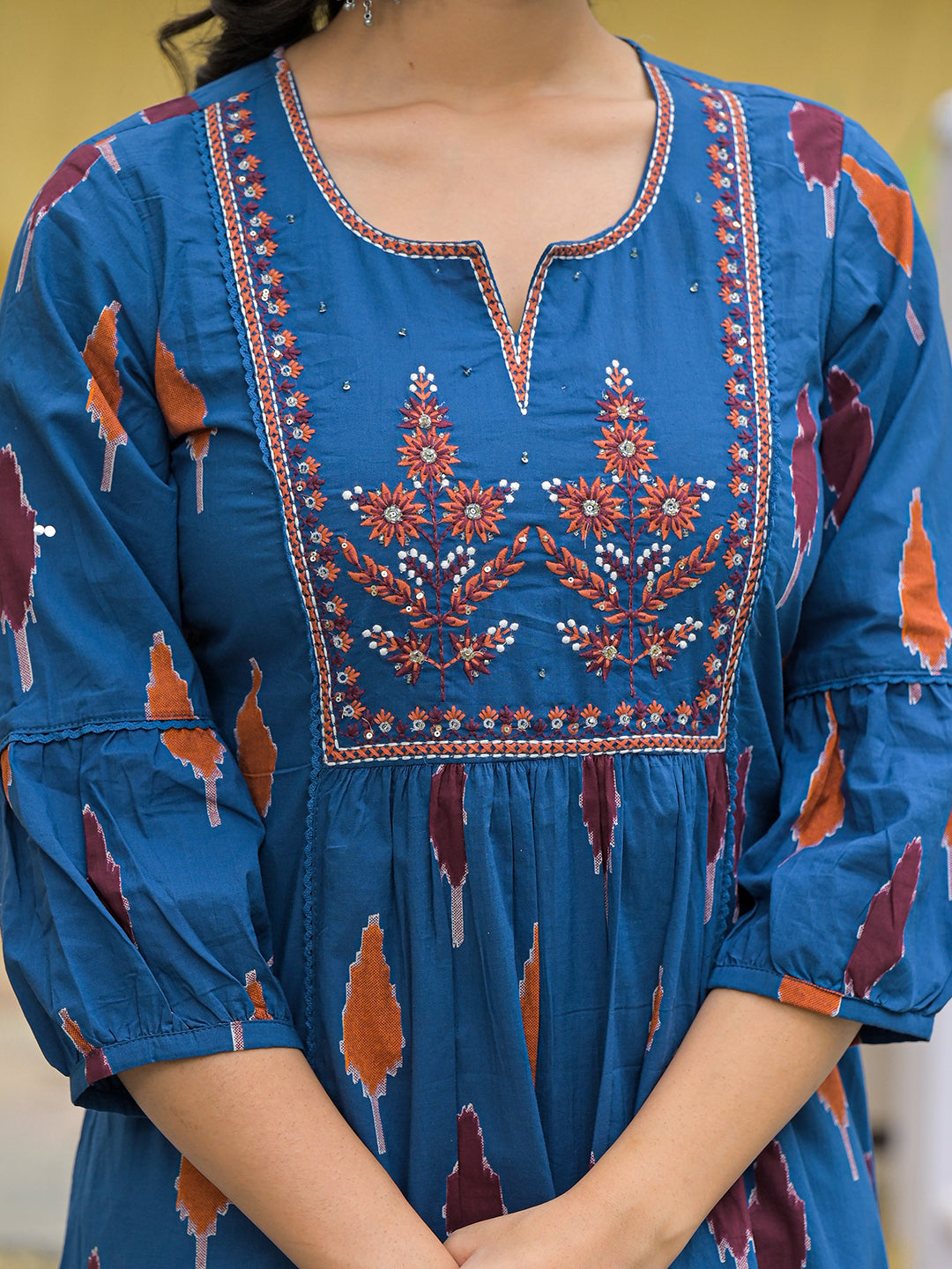 Navy Blue Cotton Embroidery Kurta Pant Set with Dupatta