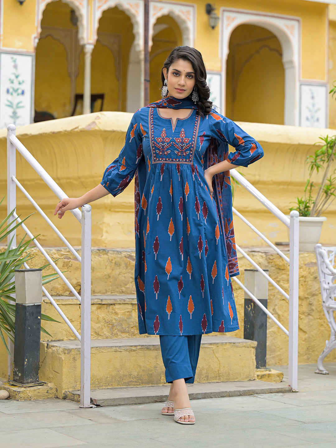 Navy Blue Cotton Embroidery Kurta Pant Set with Dupatta