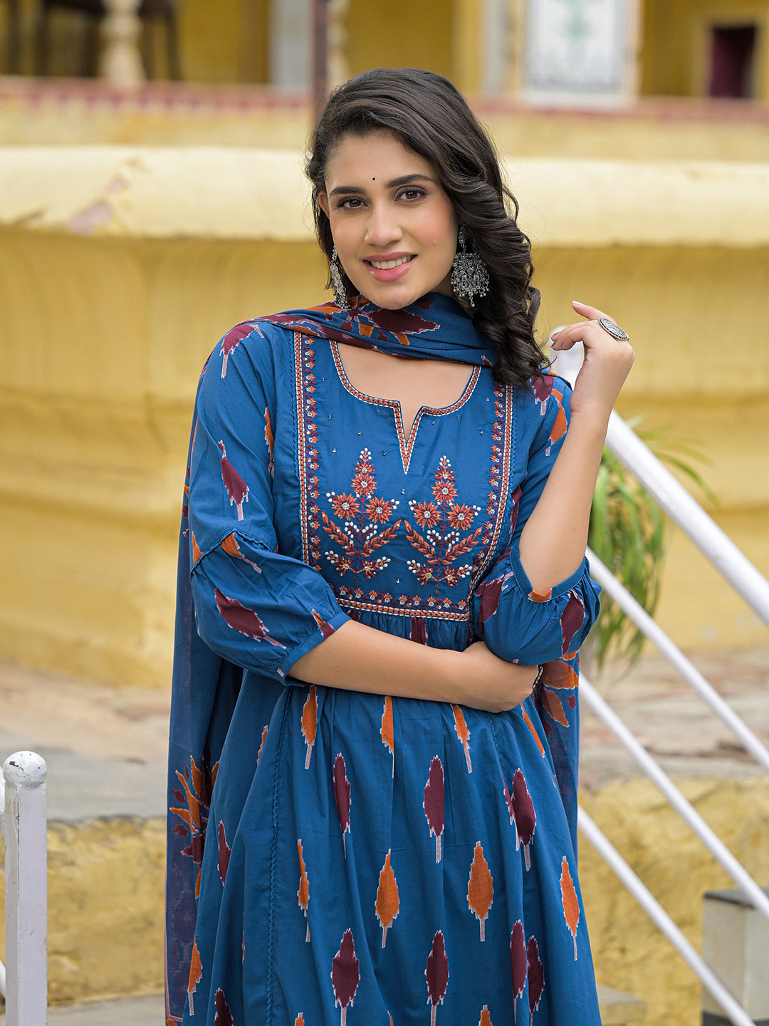 Navy Blue Cotton Embroidery Kurta Pant Set with Dupatta