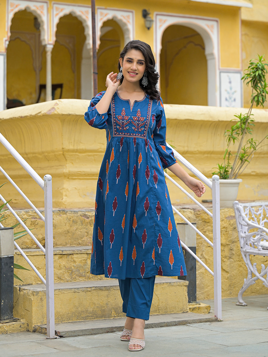 Navy Blue Cotton Embroidery Kurta Pant Set with Dupatta