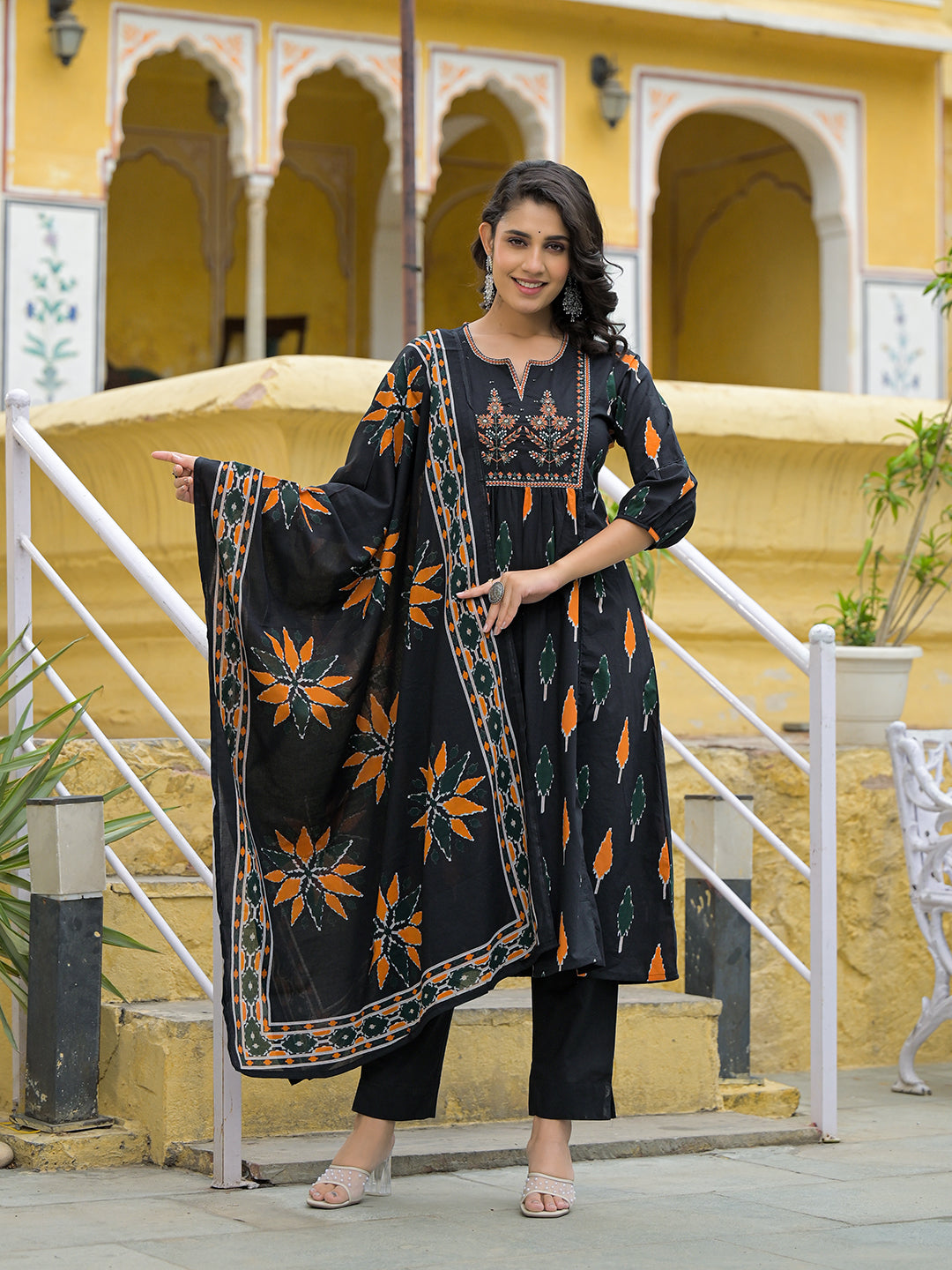 Black Cotton Embroidery Kurta Pant Set with Dupatta