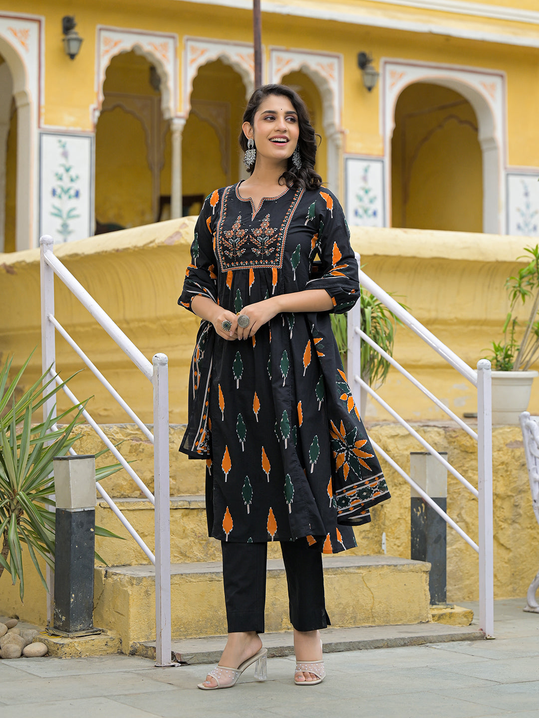 Black Cotton Embroidery Kurta Pant Set with Dupatta