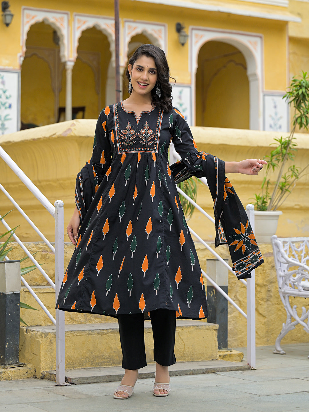 Black Cotton Embroidery Kurta Pant Set with Dupatta