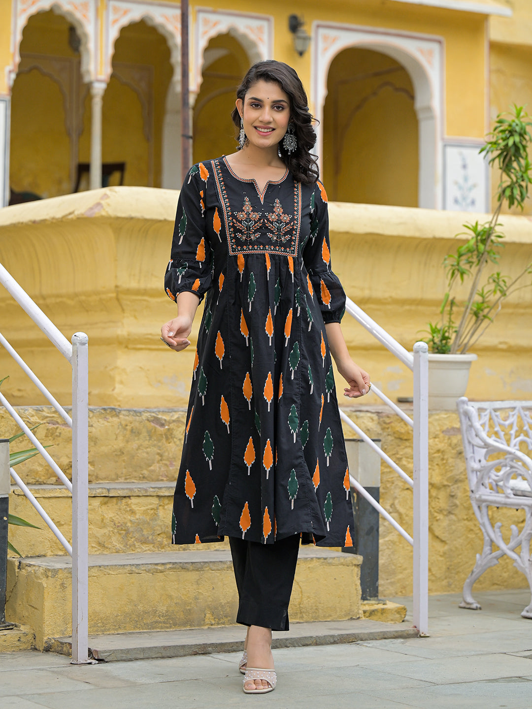 Black Cotton Embroidery Kurta Pant Set with Dupatta