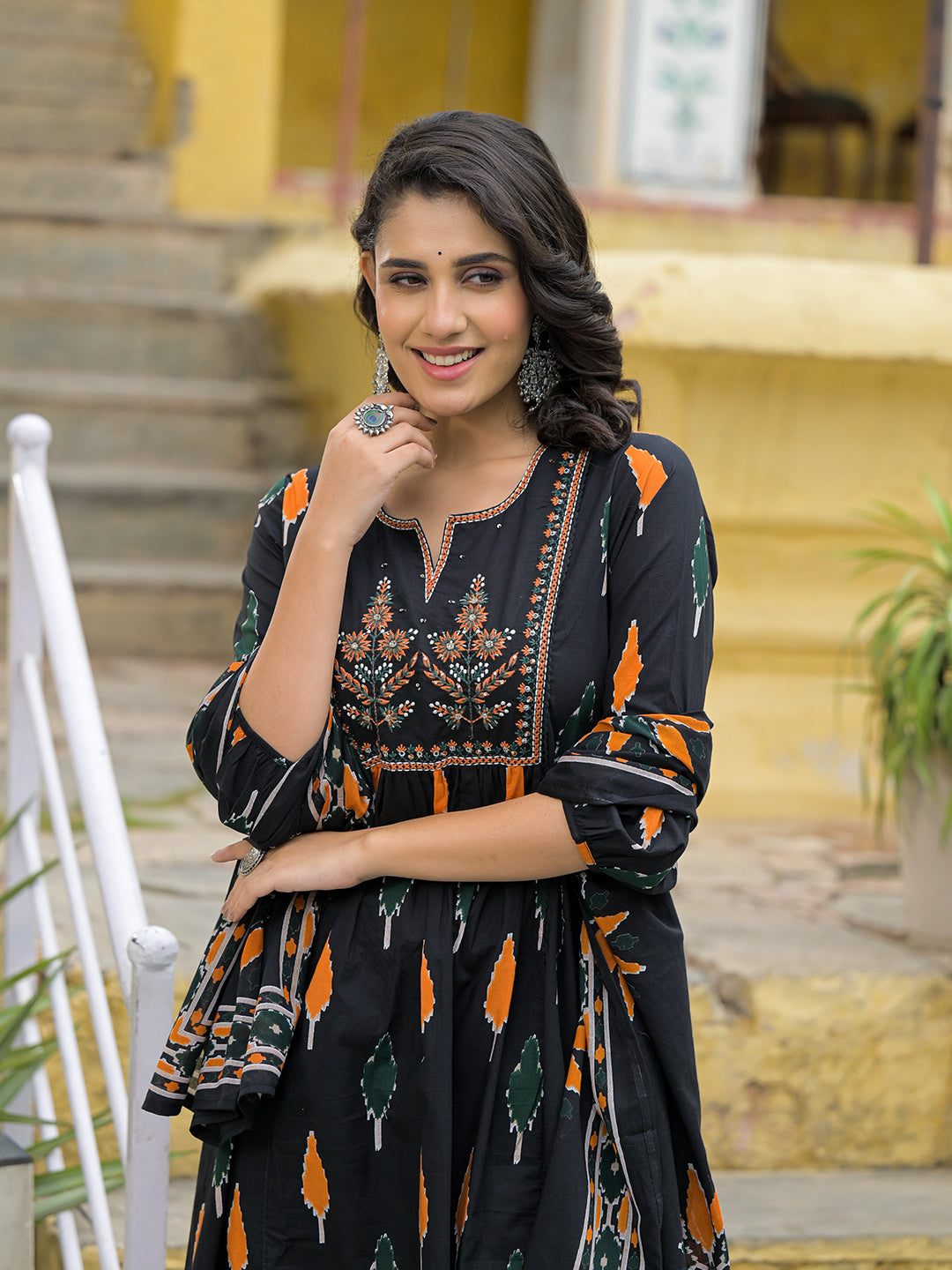Black Cotton Embroidery Kurta Pant Set with Dupatta