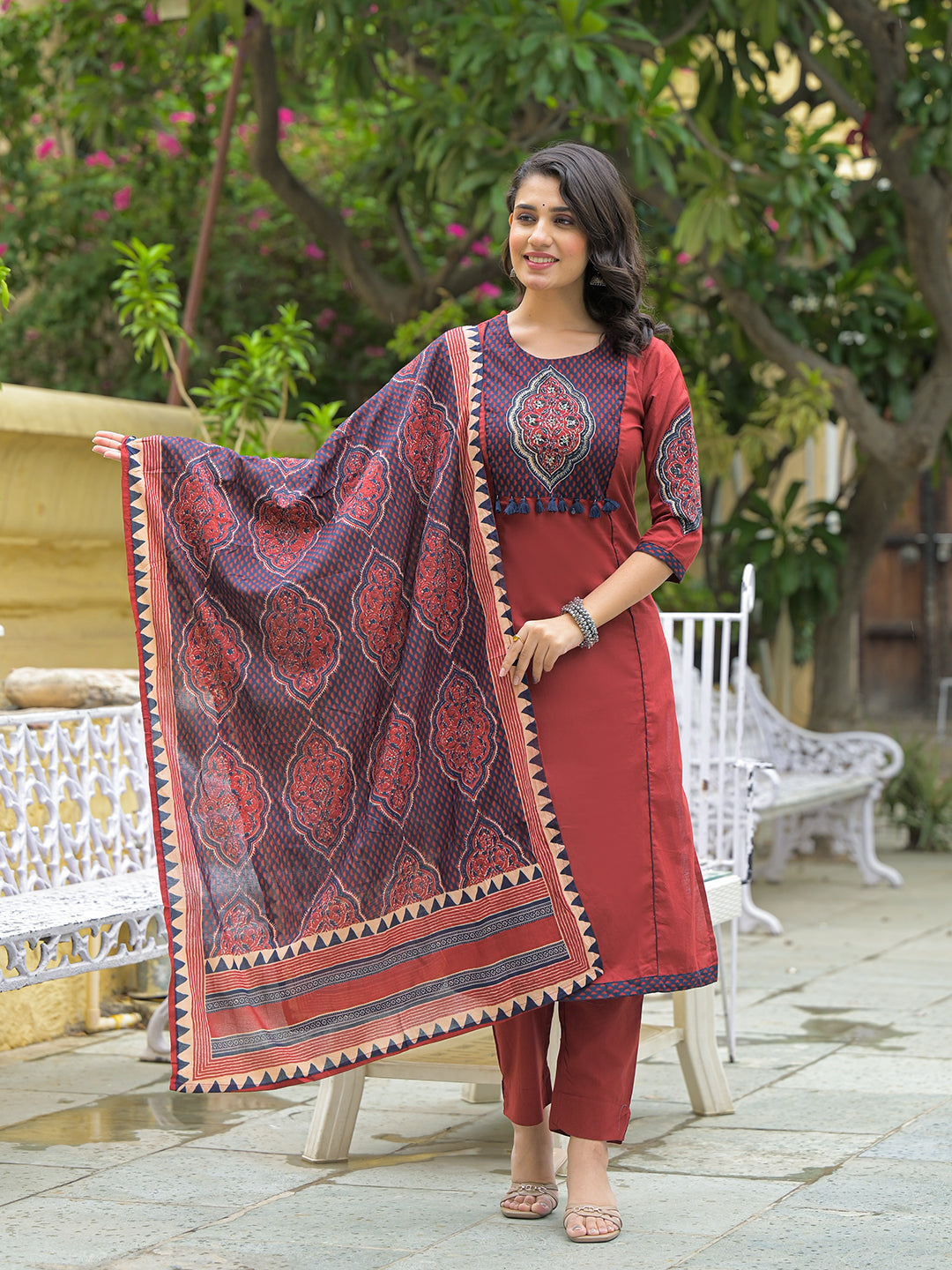 Maroon Cotton Round neck Yoke work kurta Pant Set With Dupatta