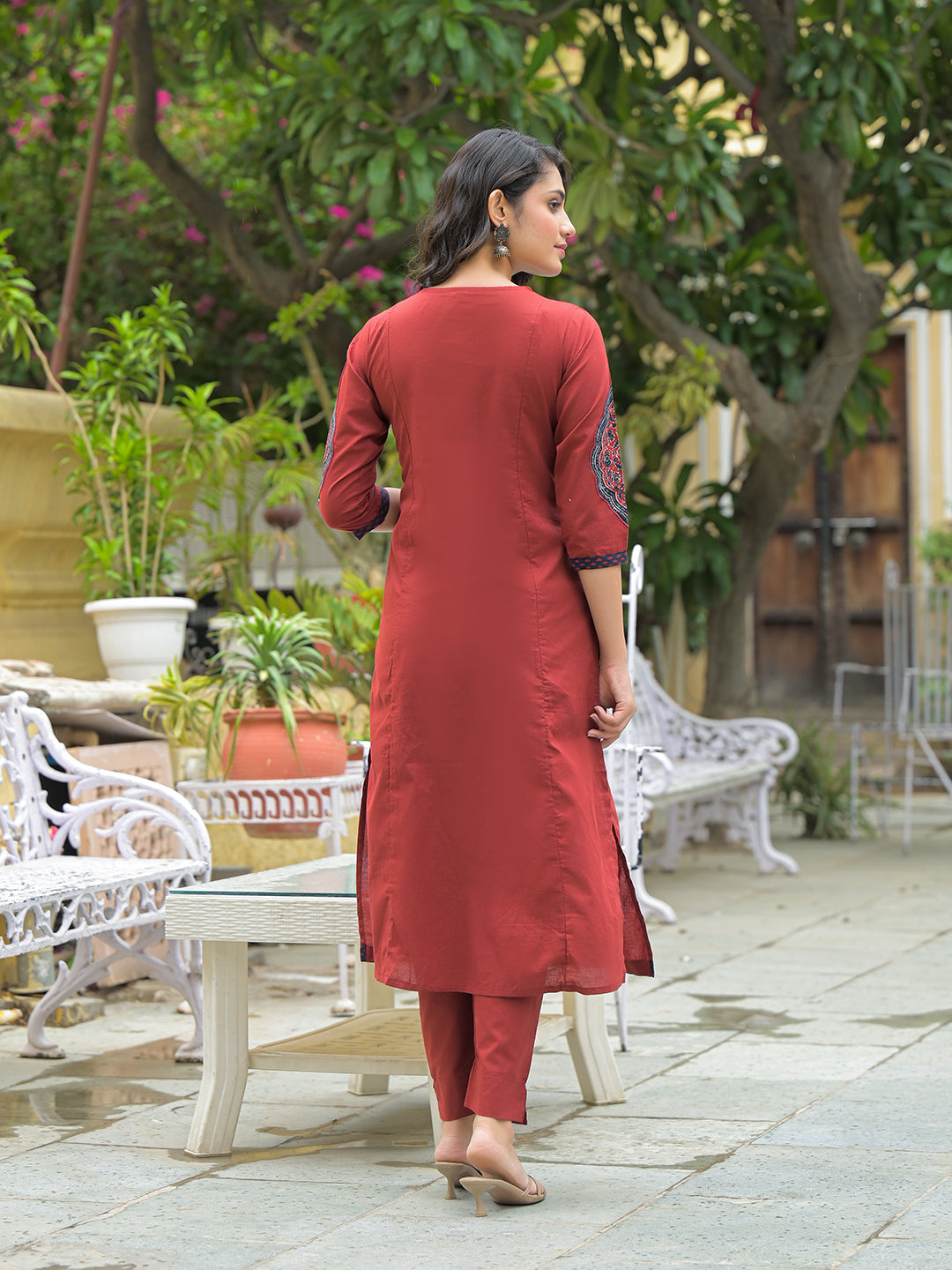 Maroon Cotton Round neck Yoke work kurta Pant Set With Dupatta
