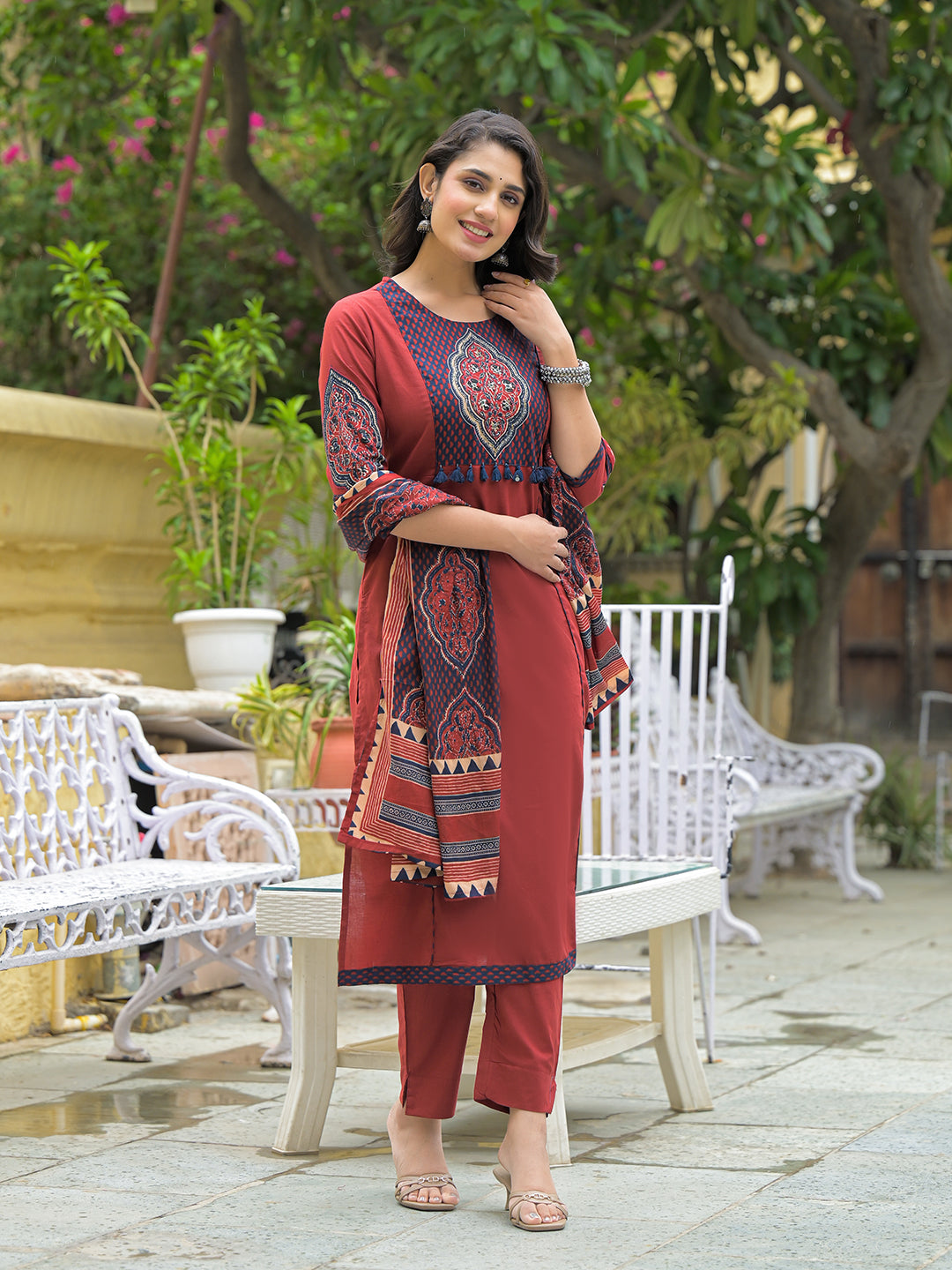 Maroon Cotton Round neck Yoke work kurta Pant Set With Dupatta