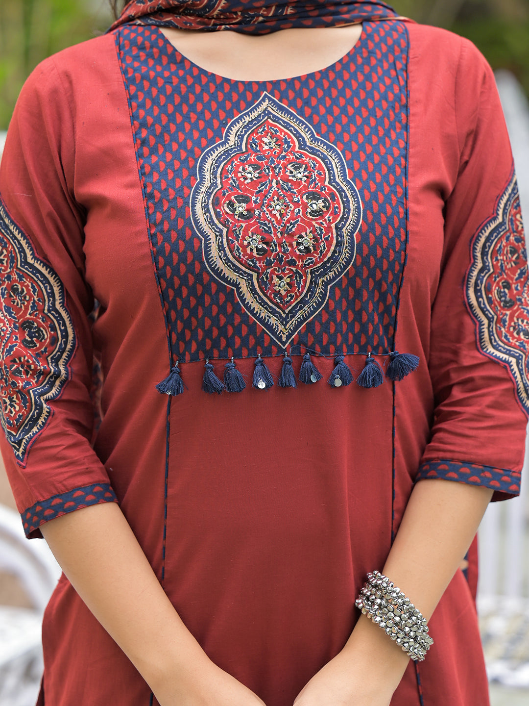 Maroon Cotton Round neck Yoke work kurta Pant Set With Dupatta