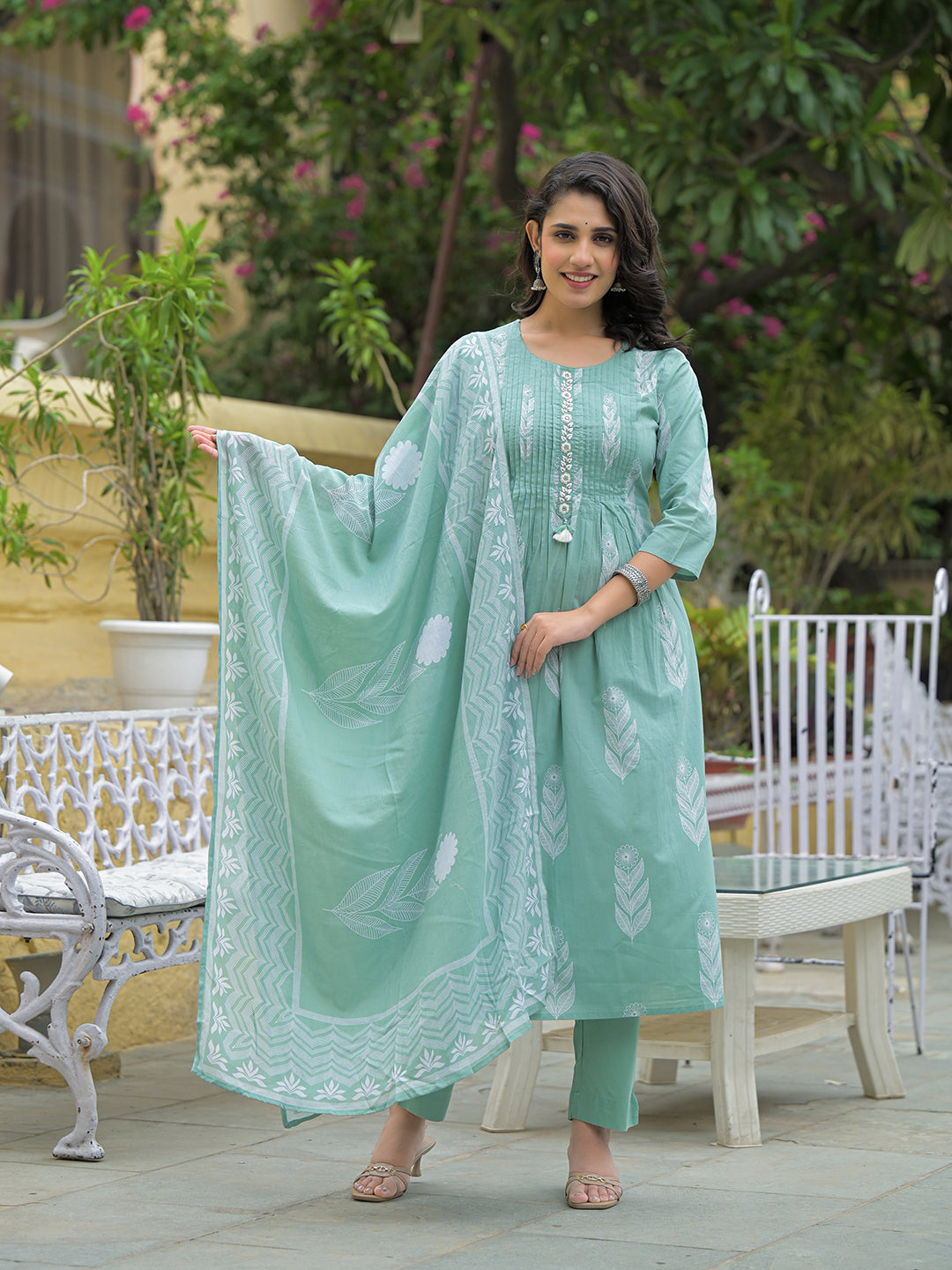 Teal Green Cotton Pintuck Design Kurta pant set with Dupatta