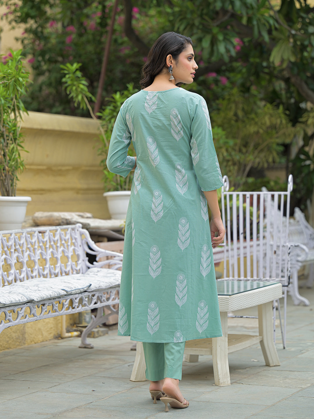 Teal Green Cotton Pintuck Design Kurta pant set with Dupatta