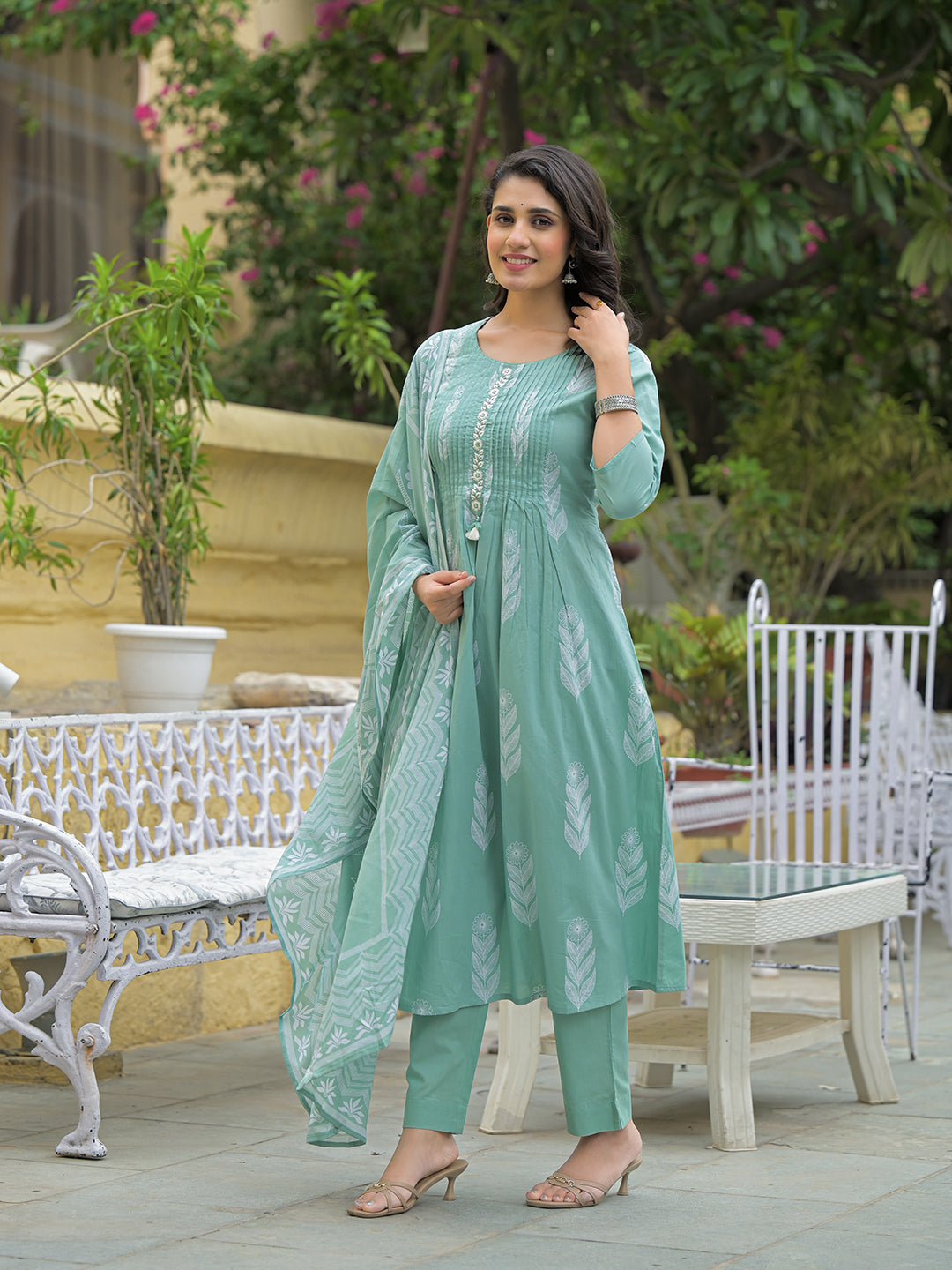Teal Green Cotton Pintuck Design Kurta pant set with Dupatta