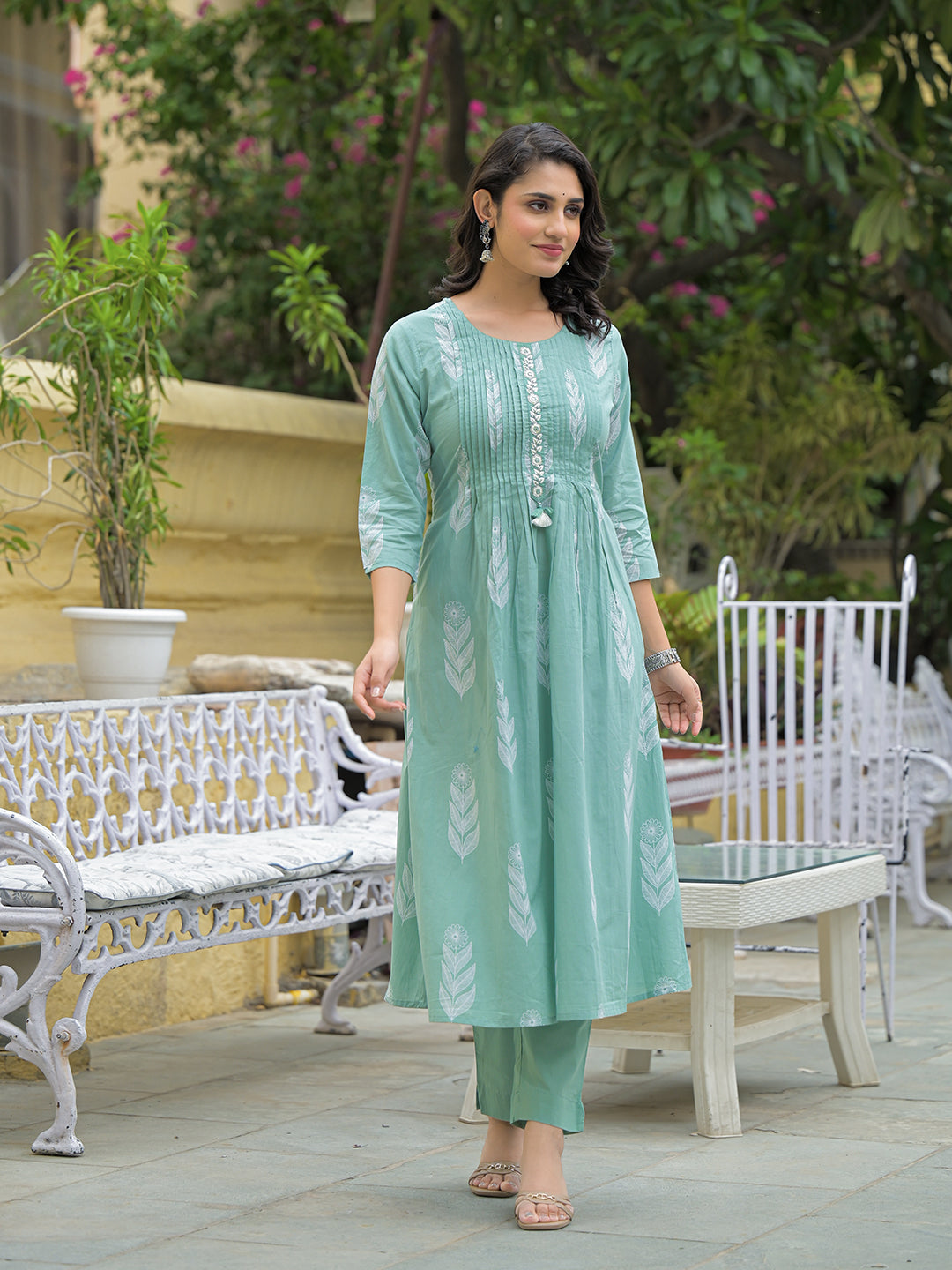 Teal Green Cotton Pintuck Design Kurta pant set with Dupatta
