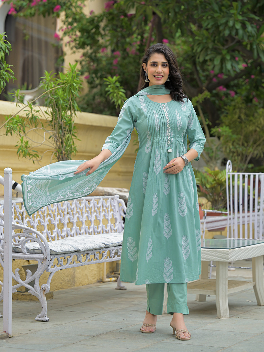 Teal Green Cotton Pintuck Design Kurta pant set with Dupatta