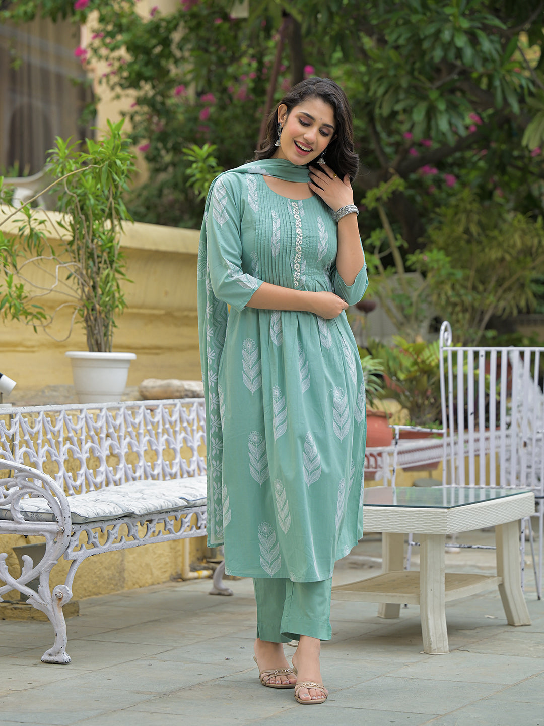 Teal Green Cotton Pintuck Design Kurta pant set with Dupatta