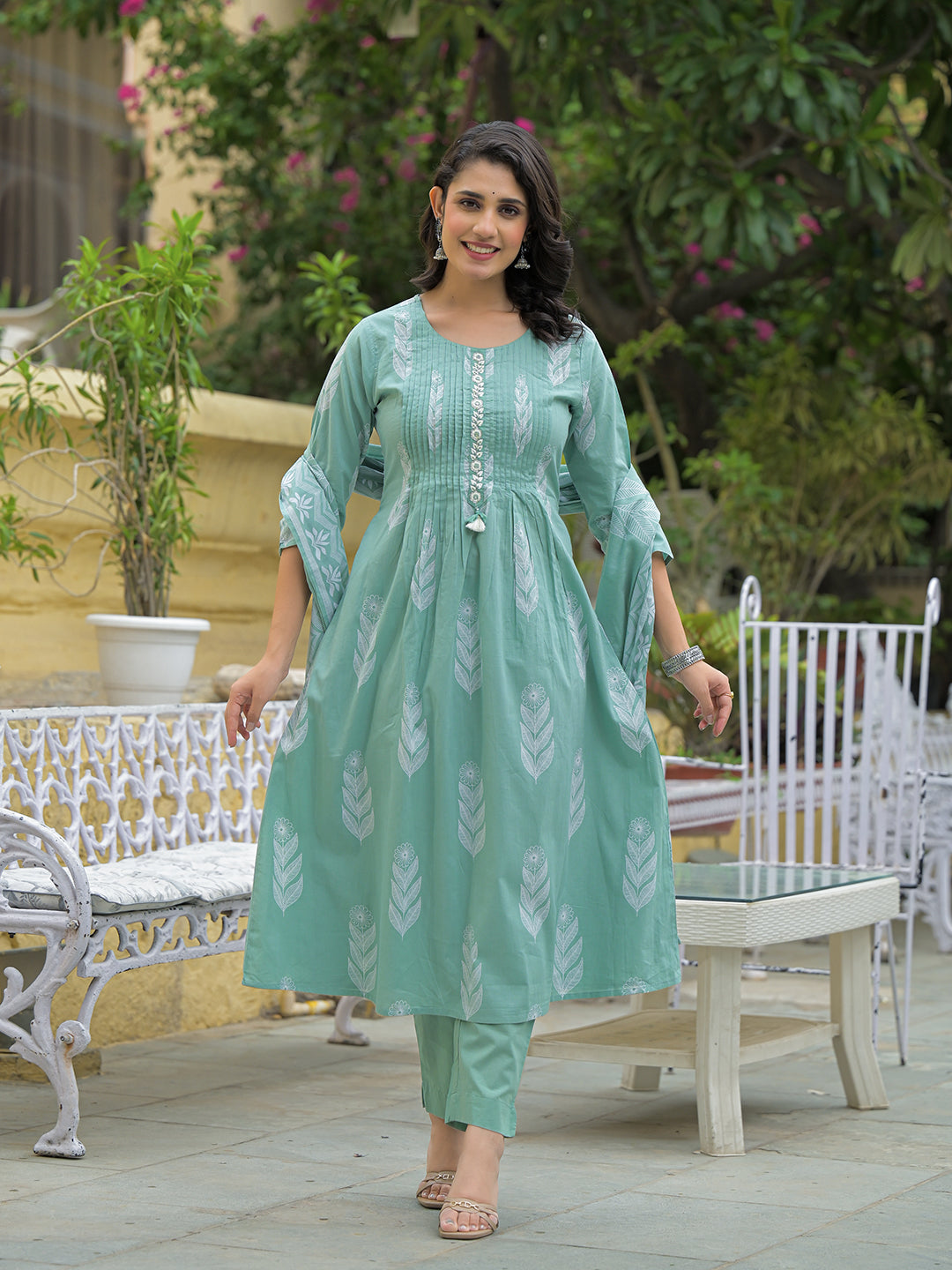 Teal Green Cotton Pintuck Design Kurta pant set with Dupatta