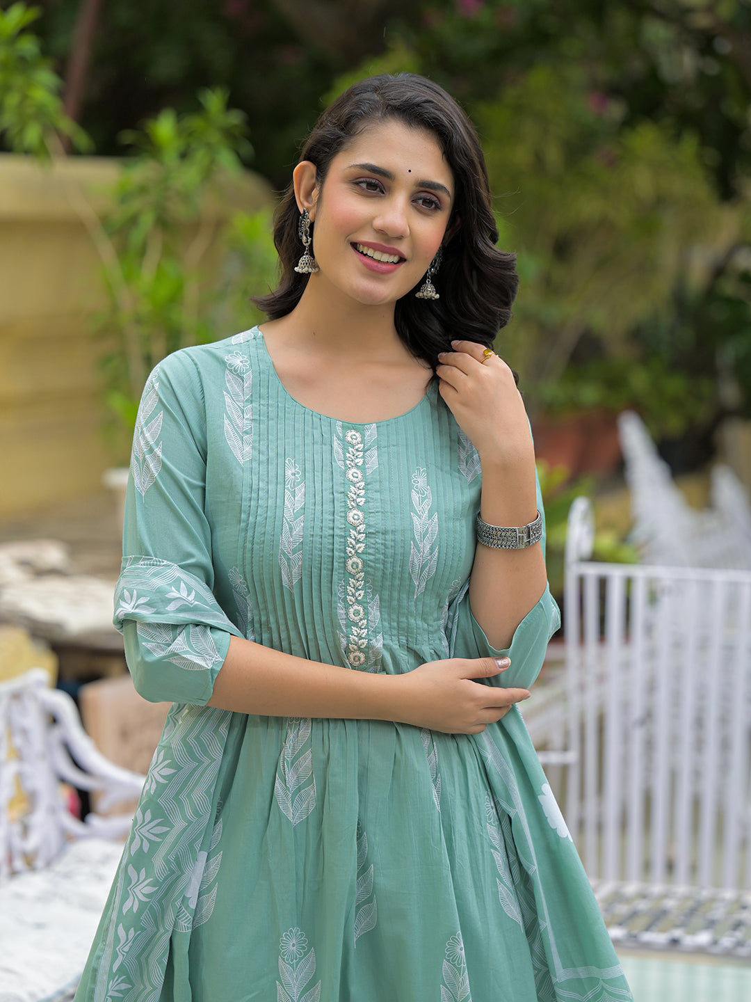 Teal Green Cotton Pintuck Design Kurta pant set with Dupatta