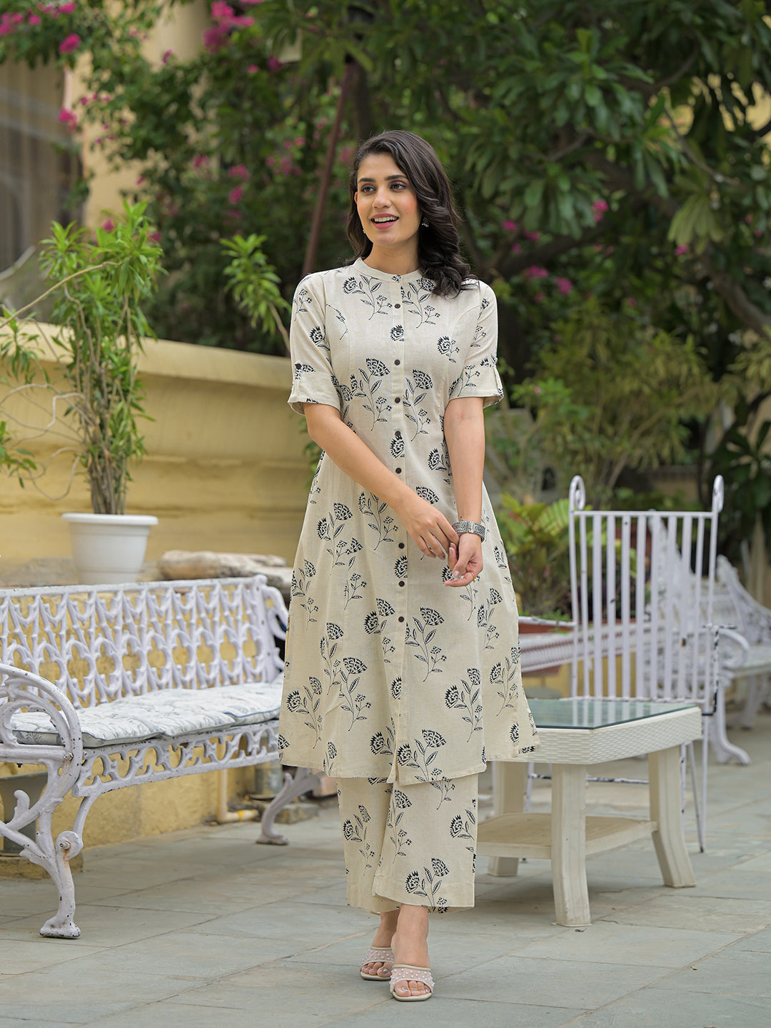 Cream Cotton Floral Printed Kurta Pant Sets
