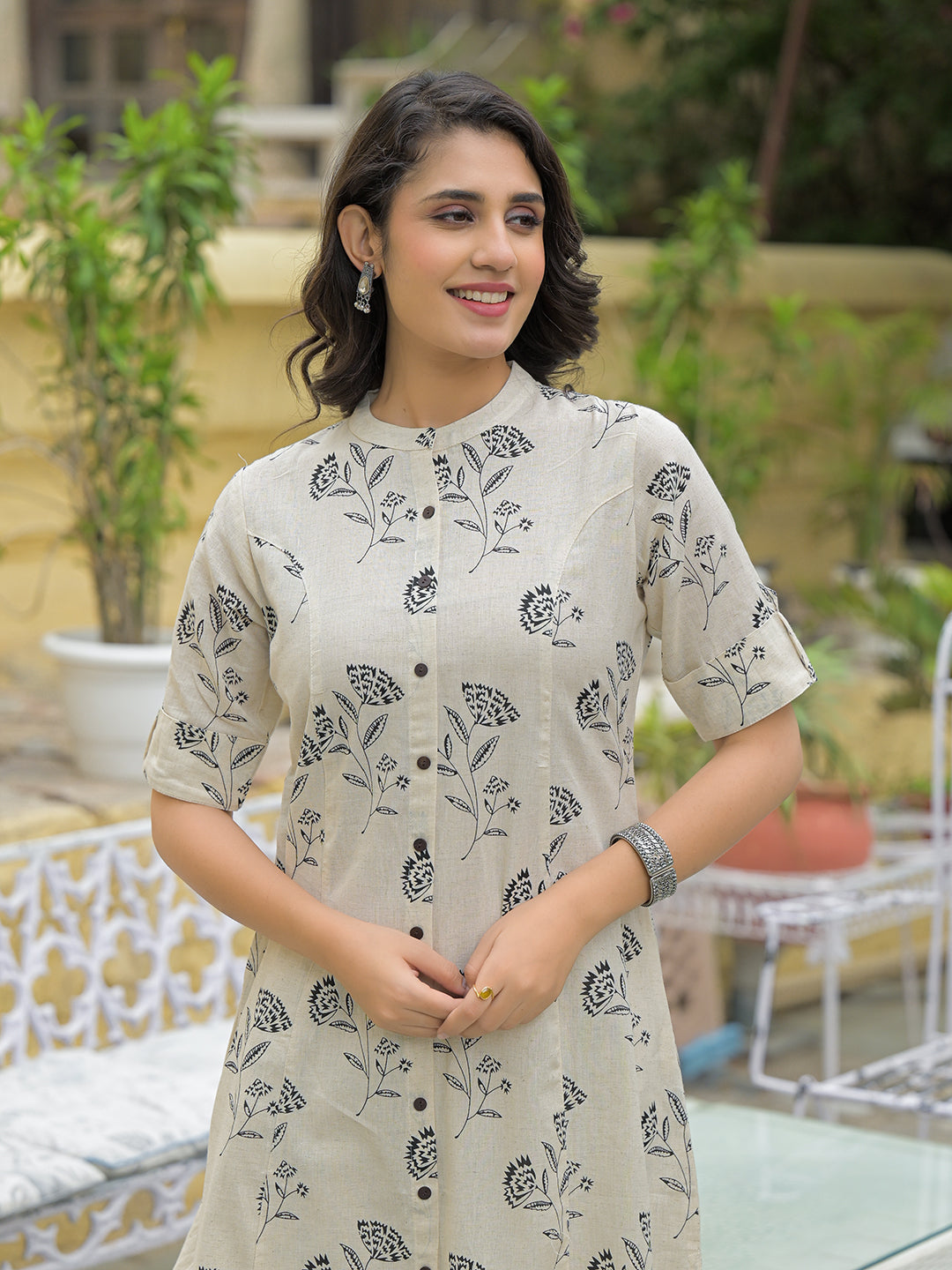 Cream Cotton Floral Printed Kurta Pant Sets