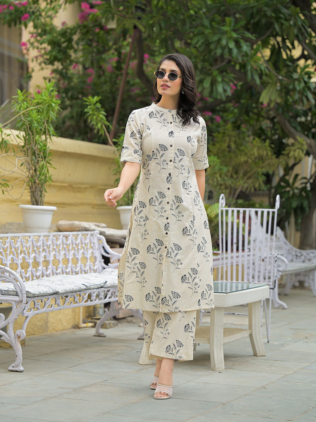 Cream Cotton Floral Printed Kurta Pant Sets