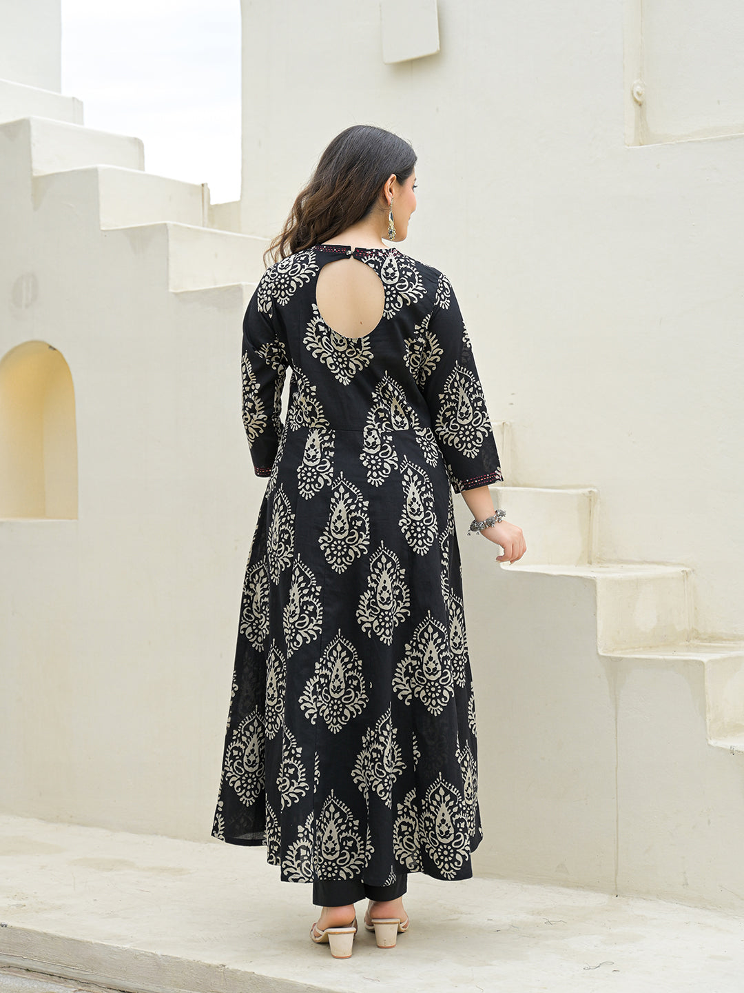 Black Cotton Anarkali kurta Pant Set with Dupatta