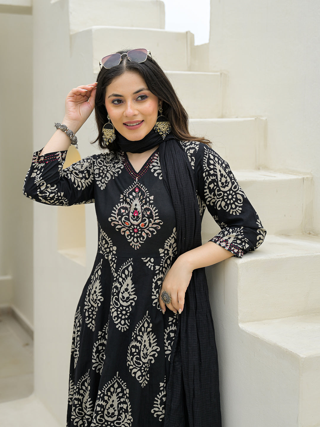Black Cotton Anarkali kurta Pant Set with Dupatta