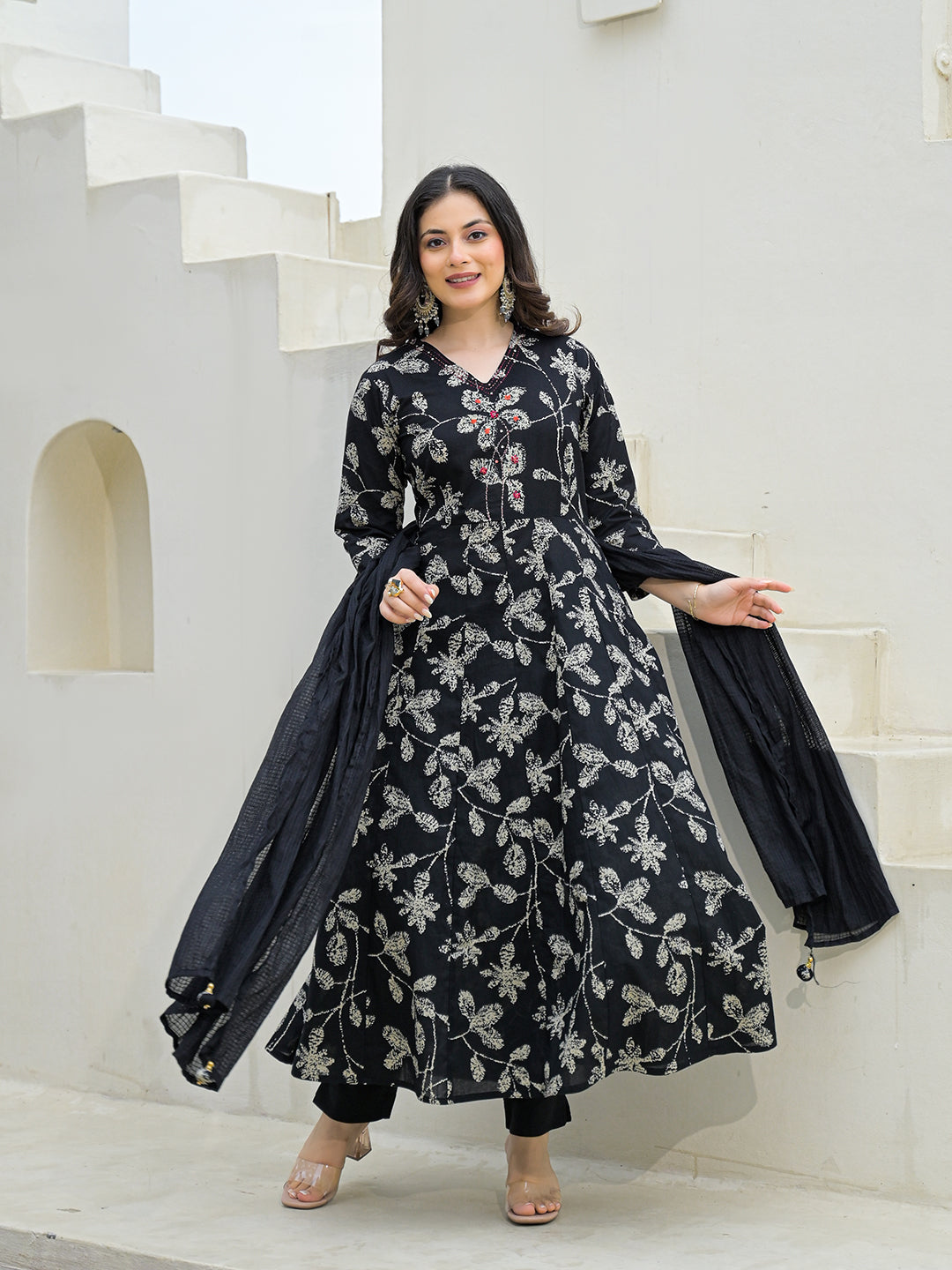 Black Cotton Anarkali kurta Pant Set with Dupatta
