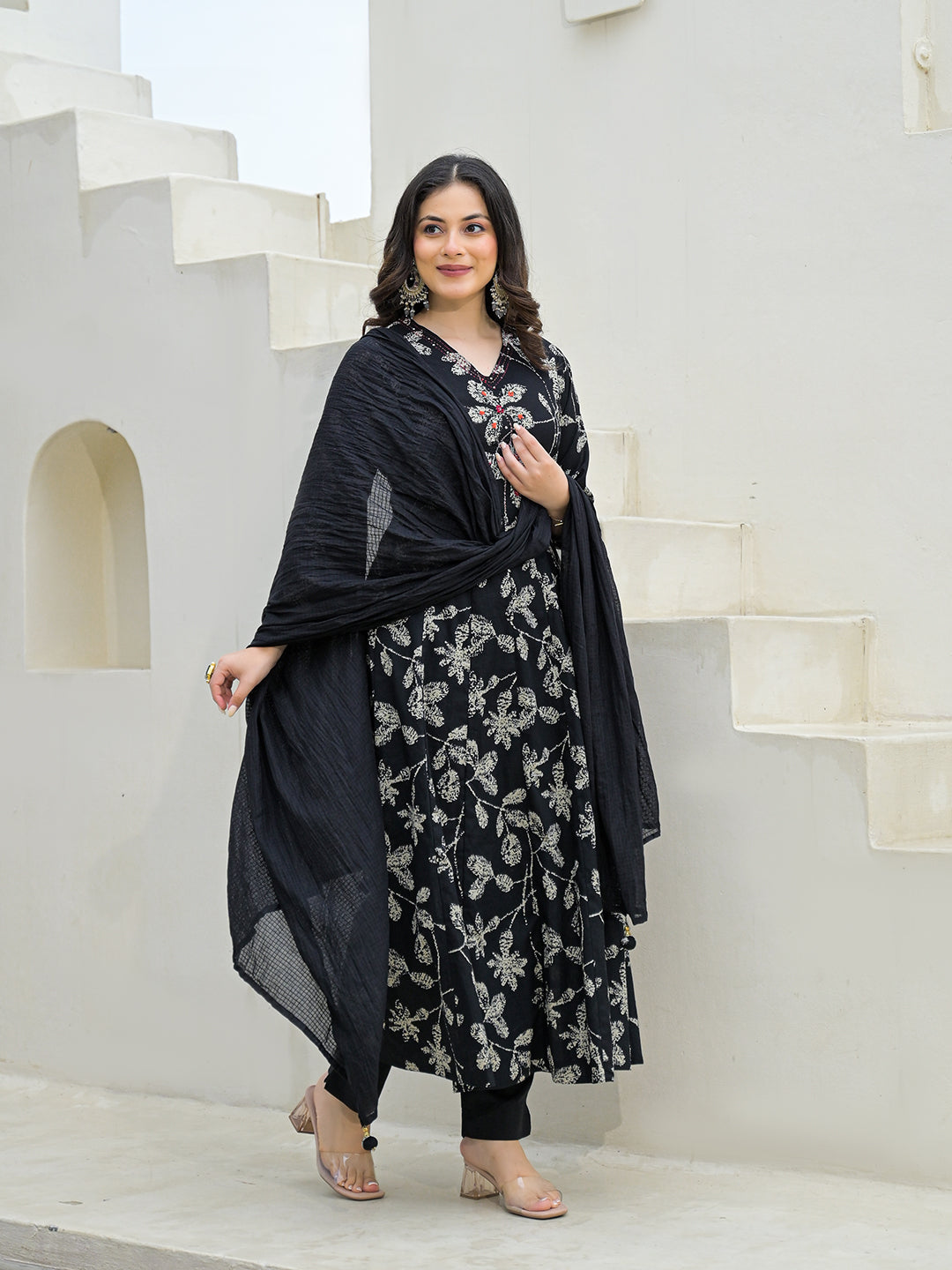 Black Cotton Anarkali kurta Pant Set with Dupatta