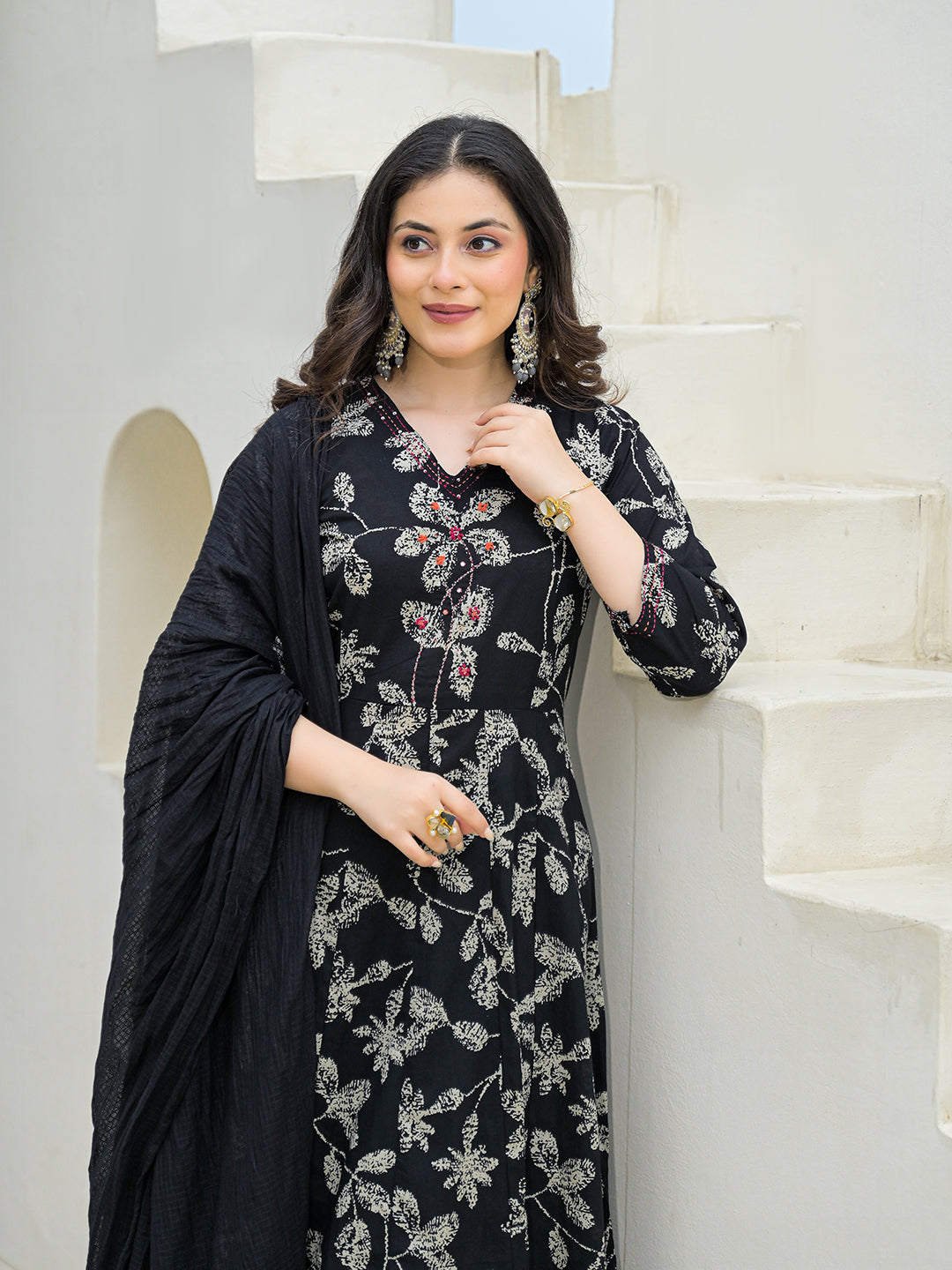 Black Cotton Anarkali kurta Pant Set with Dupatta