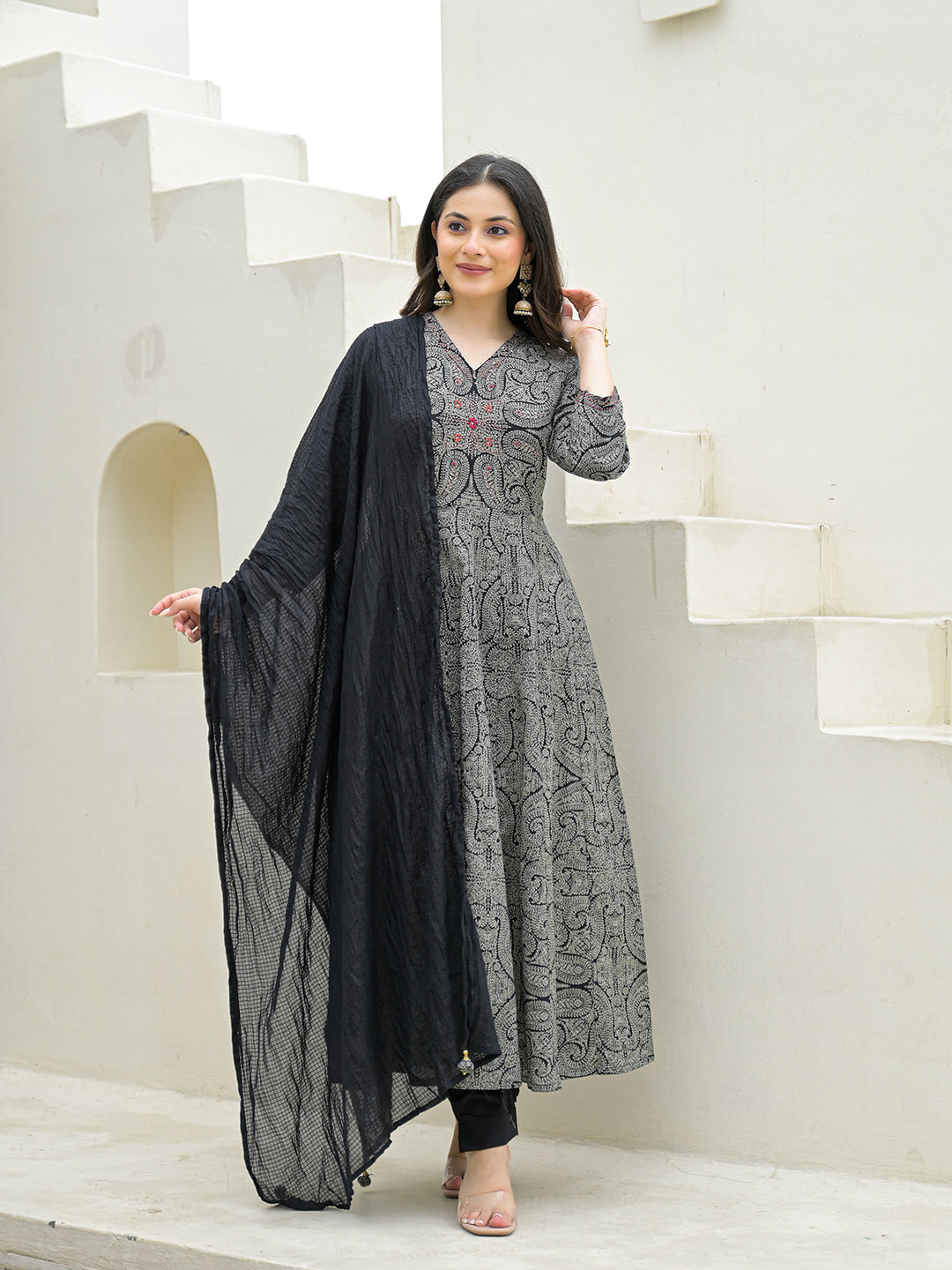 Black Cotton Anarkali kurta Pant Set with Dupatta