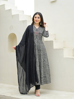 Black Cotton Anarkali kurta Pant Set with Dupatta
