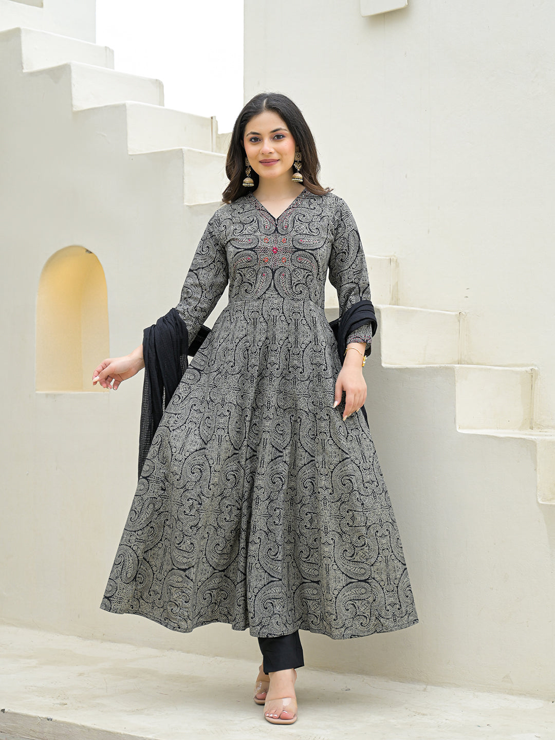 Black Cotton Anarkali kurta Pant Set with Dupatta