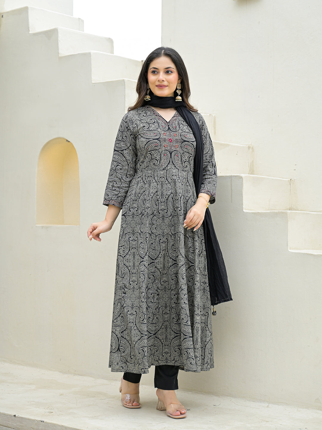 Black Cotton Anarkali kurta Pant Set with Dupatta