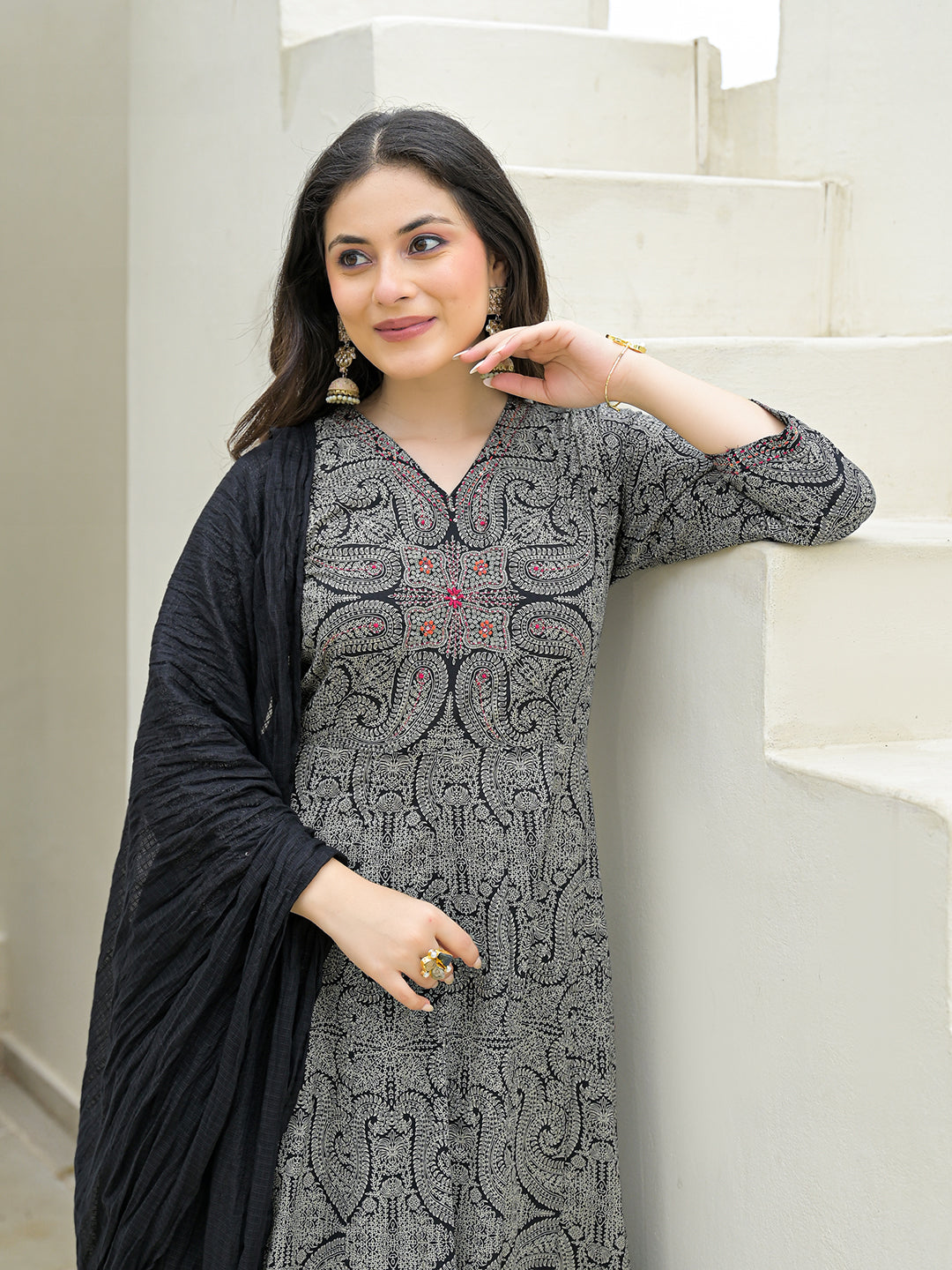 Black Cotton Anarkali kurta Pant Set with Dupatta