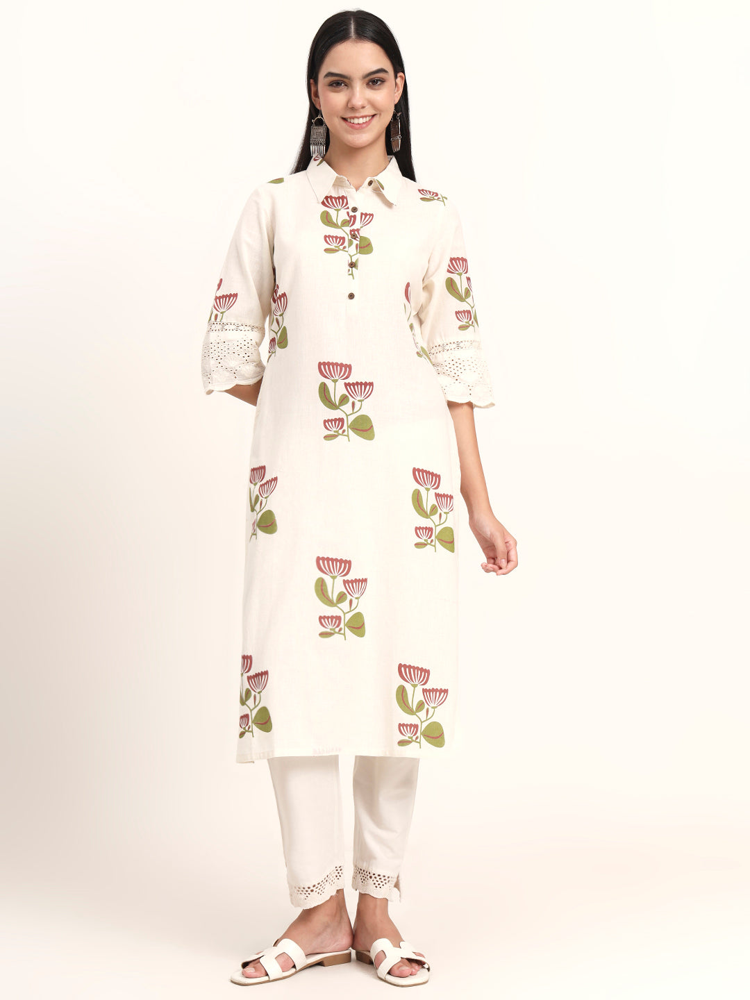 Off White Floral Cotton A-Line Kurta
