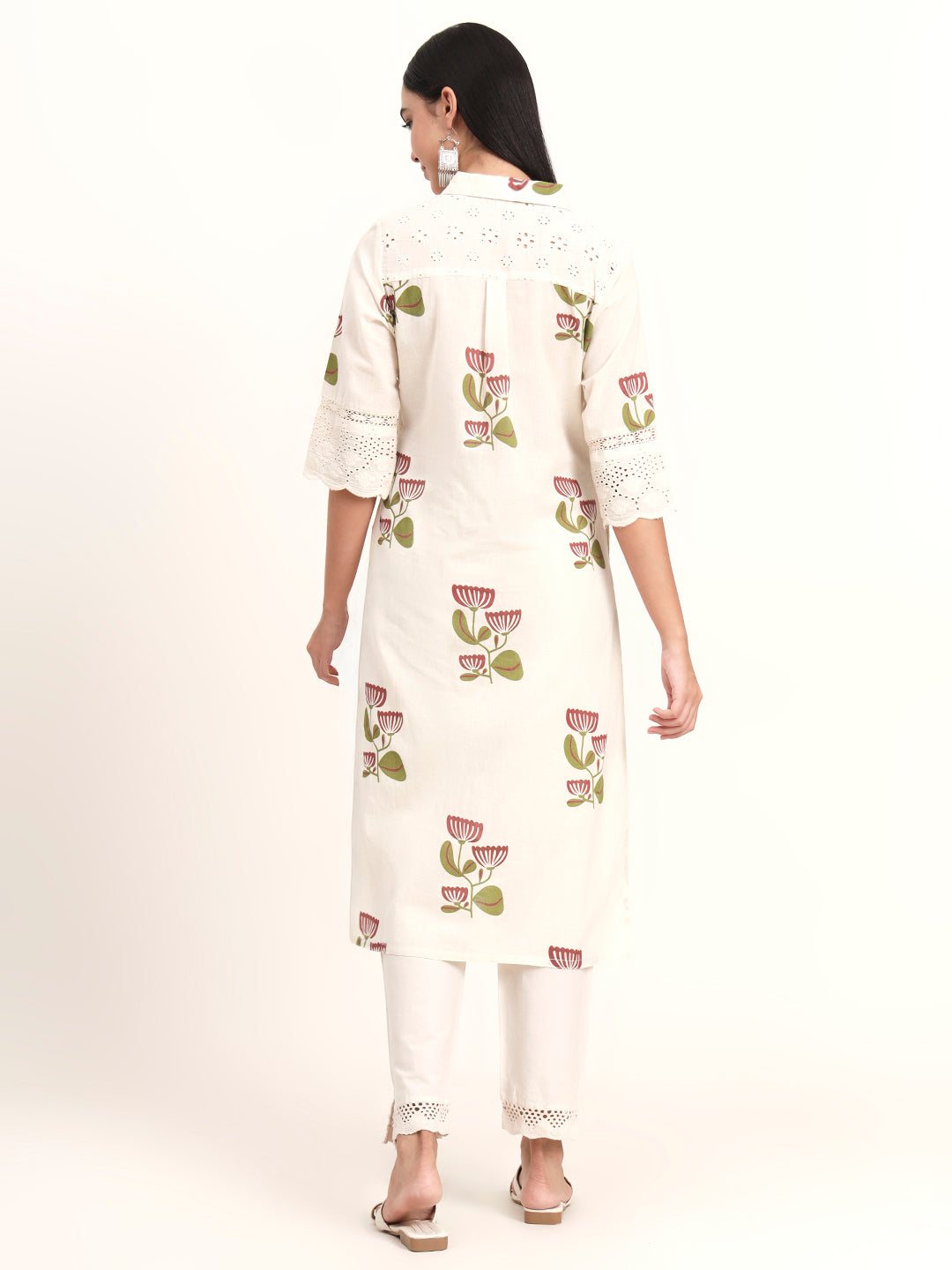 Off White Floral Cotton A-Line Kurta