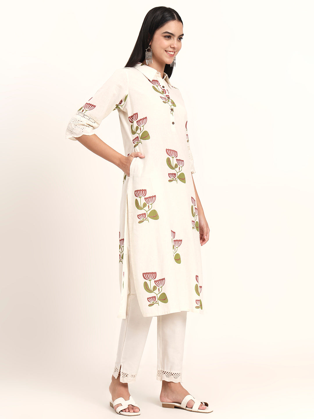 Off White Floral Cotton A-Line Kurta