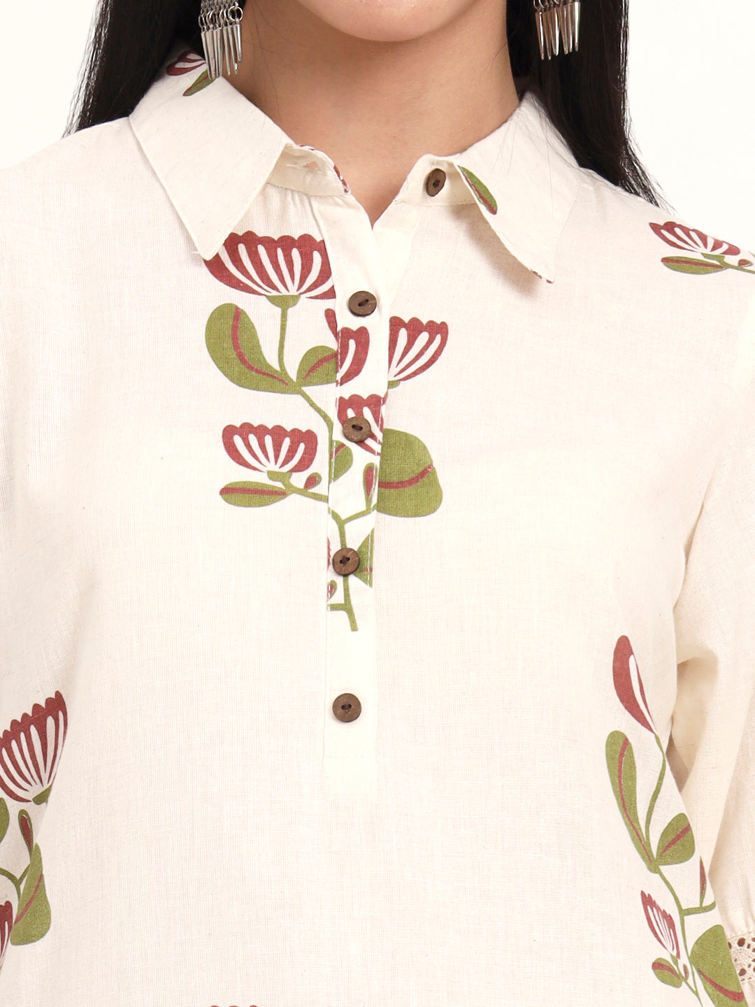 Off White Floral Cotton A-Line Kurta