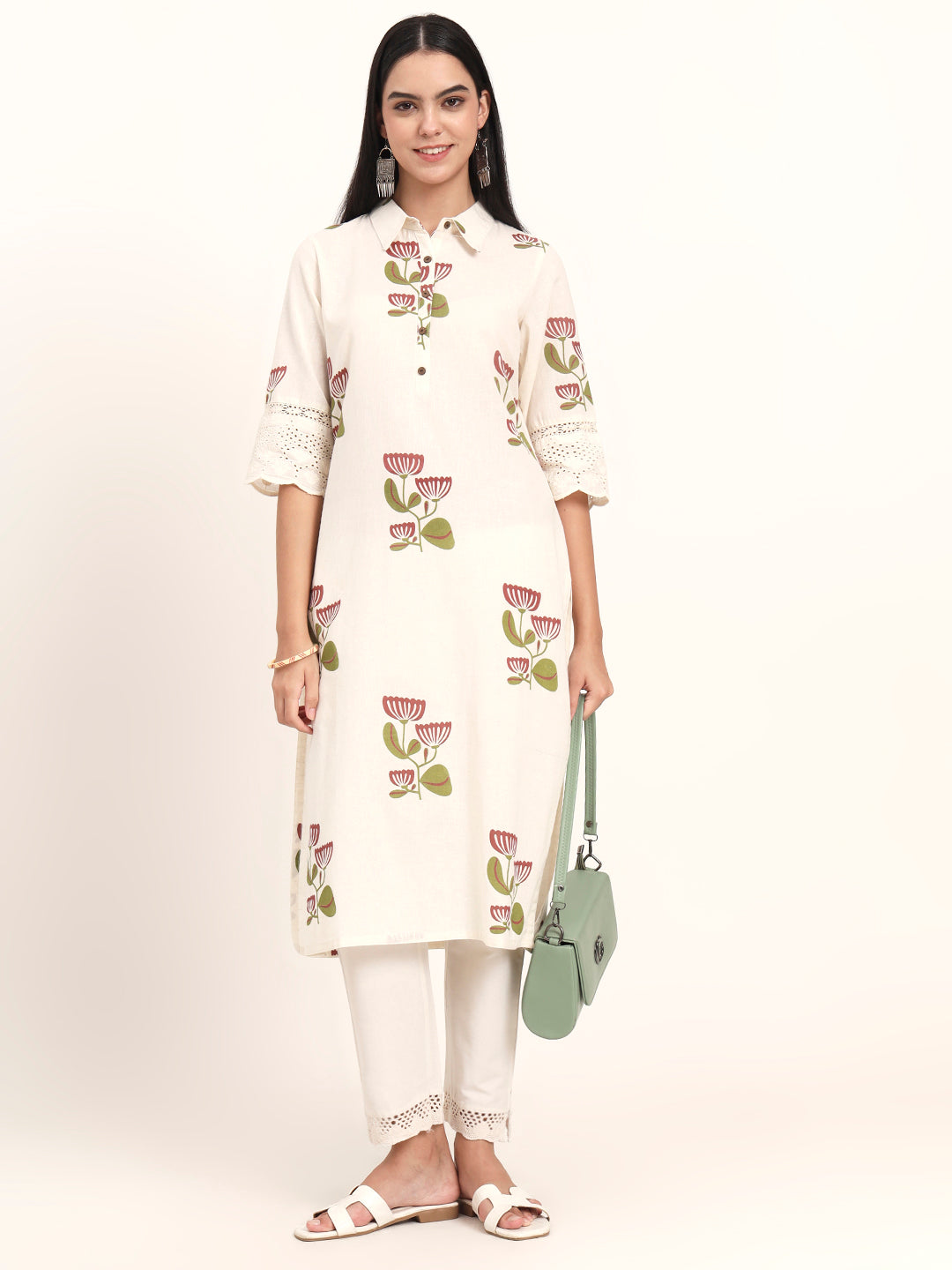 Off White Floral Cotton A-Line Kurta