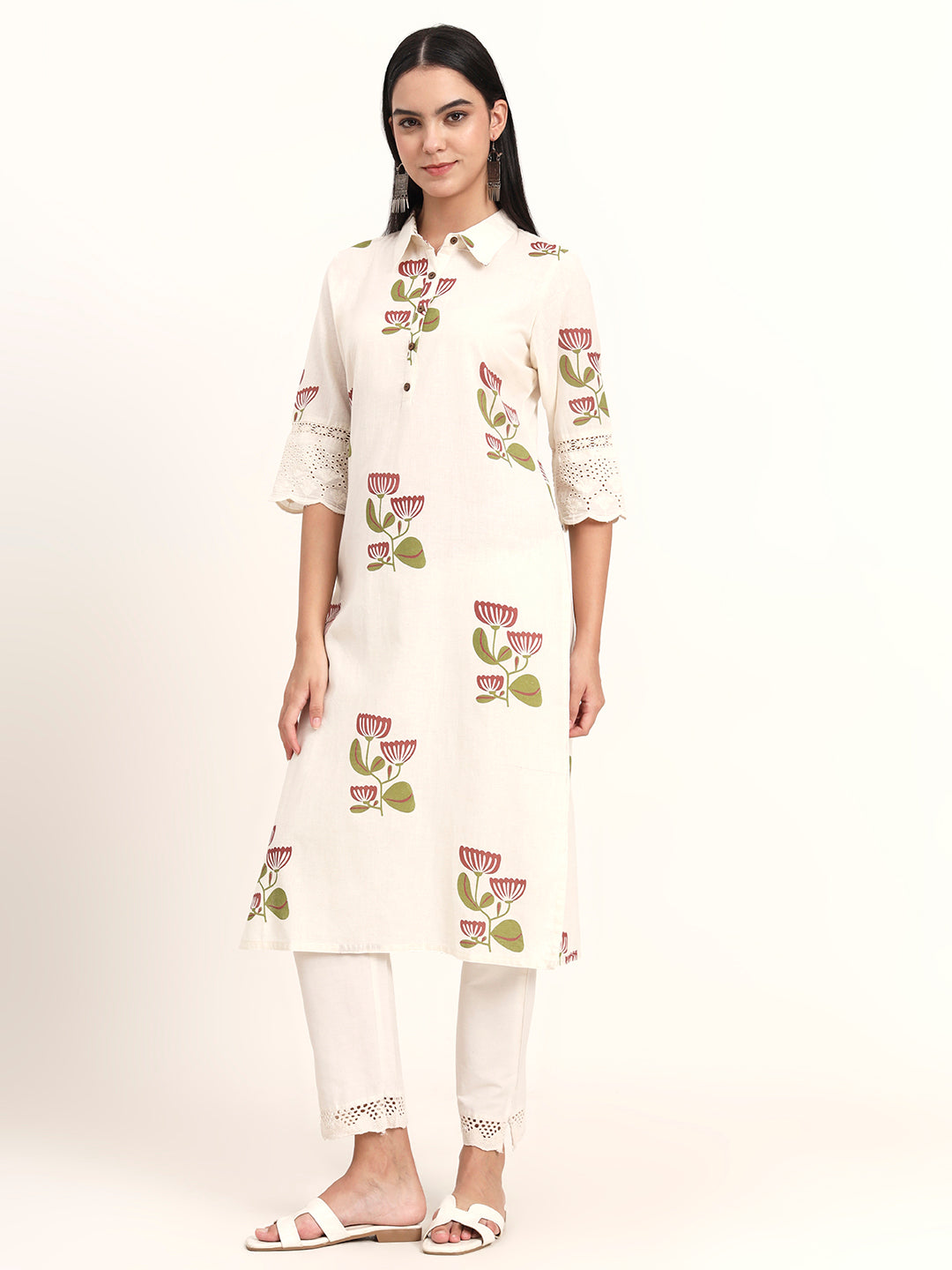 Off White Floral Cotton A-Line Kurta