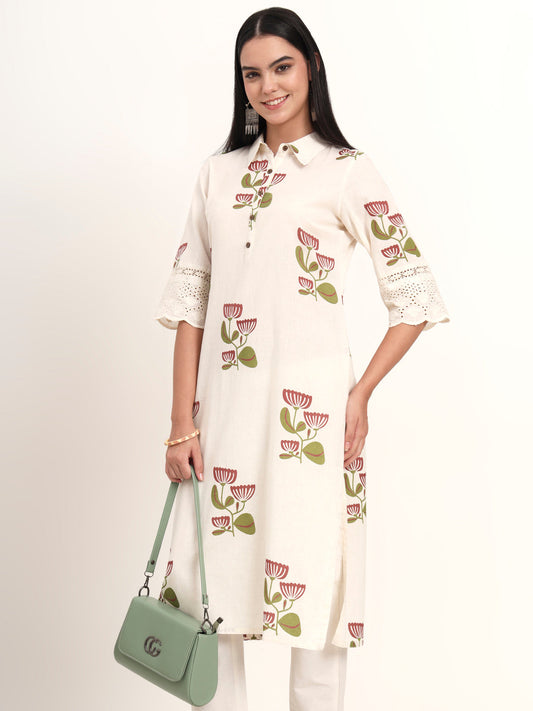Off White Floral Cotton A-Line Kurta
