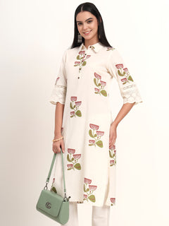 Off White Floral Cotton A-Line Kurta