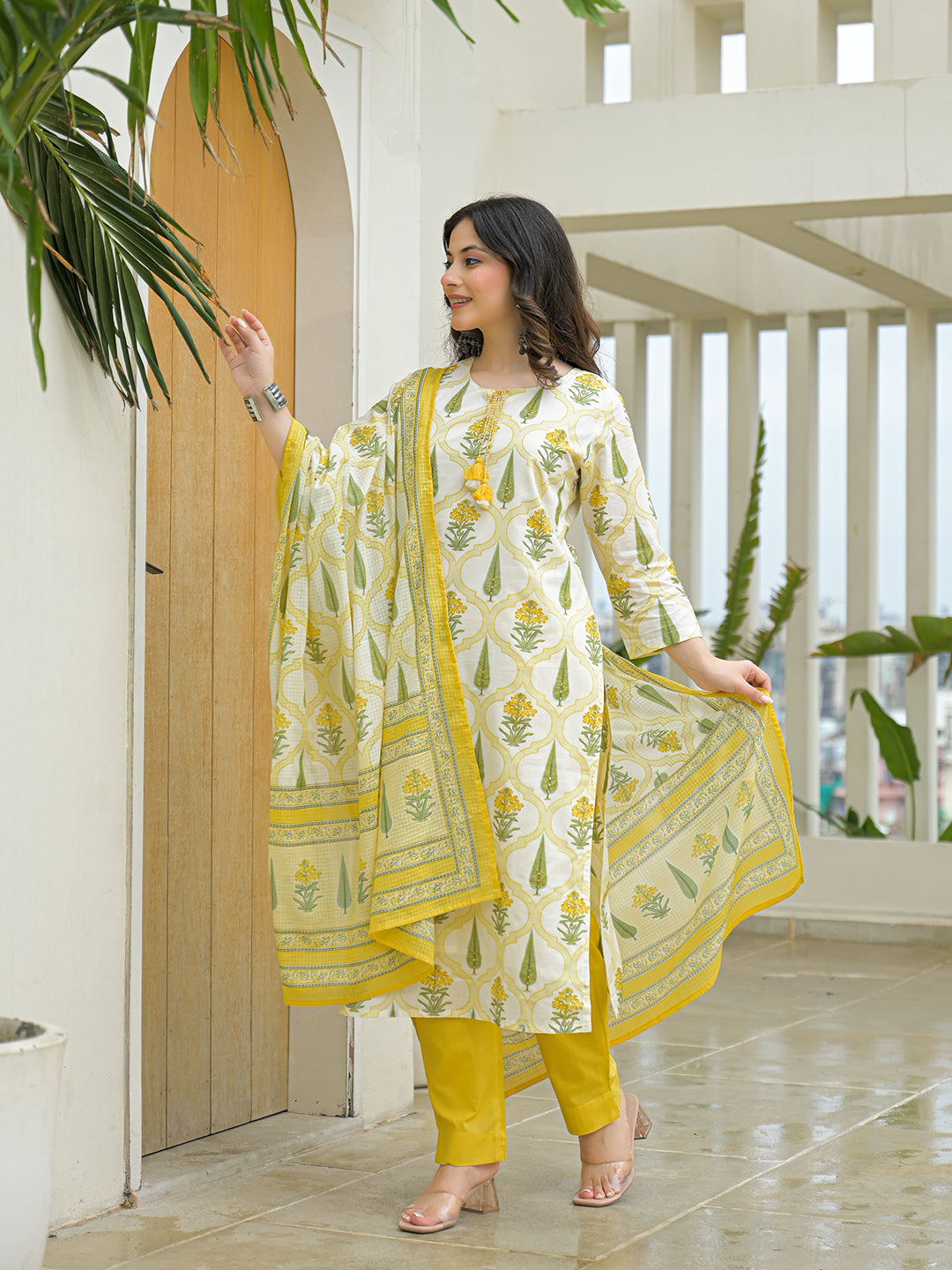 Yellow Cotton Straight Kurta Pant Set with Dupattta