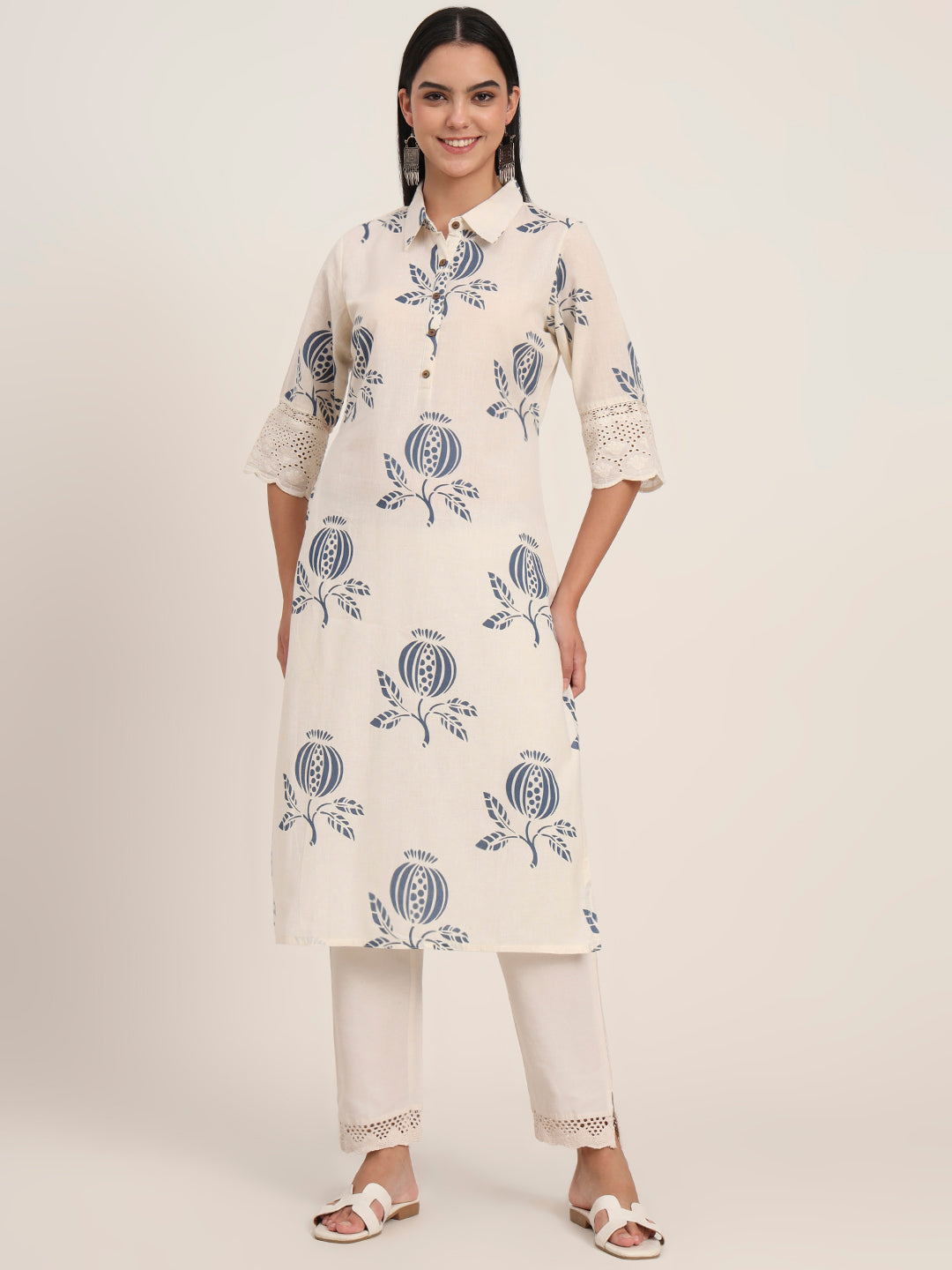 Off White Floral Cotton A-Line Kurta