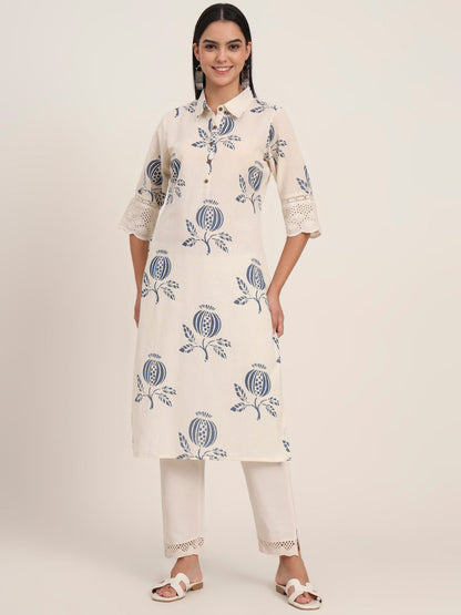 Off White Floral Cotton A-Line Kurta
